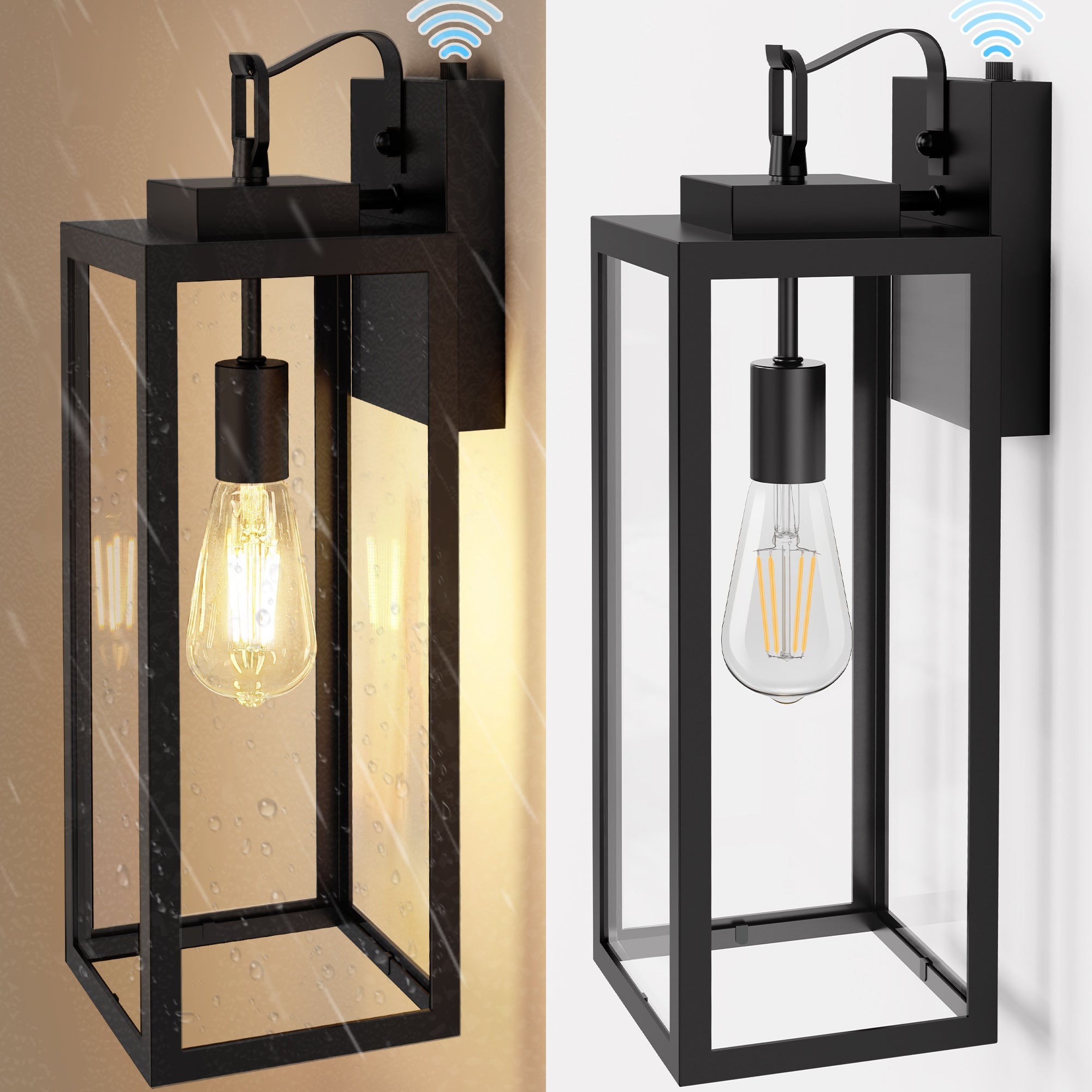Jandcase 16 in. 1-Light Matte Black Light Control Rectangular Outdoor Wall Sconce with Clear Glass Shades E26 Socket 2-Pack