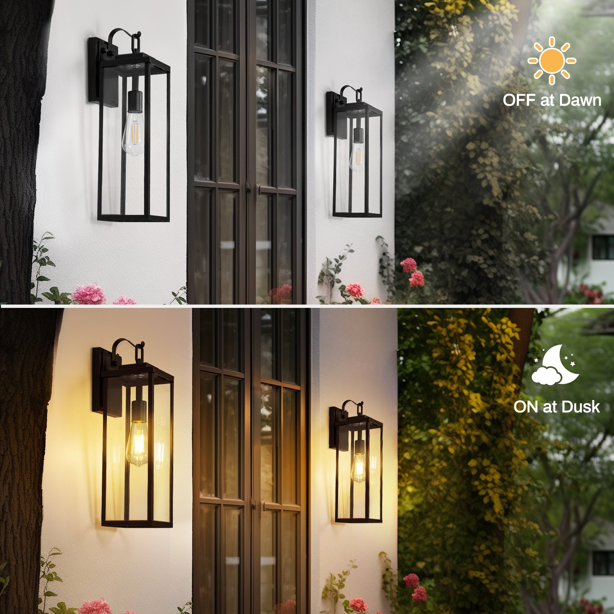Jandcase 16 in. 1-Light Matte Black Light Control Rectangular Outdoor Wall Sconce with Clear Glass Shades E26 Socket 2-Pack