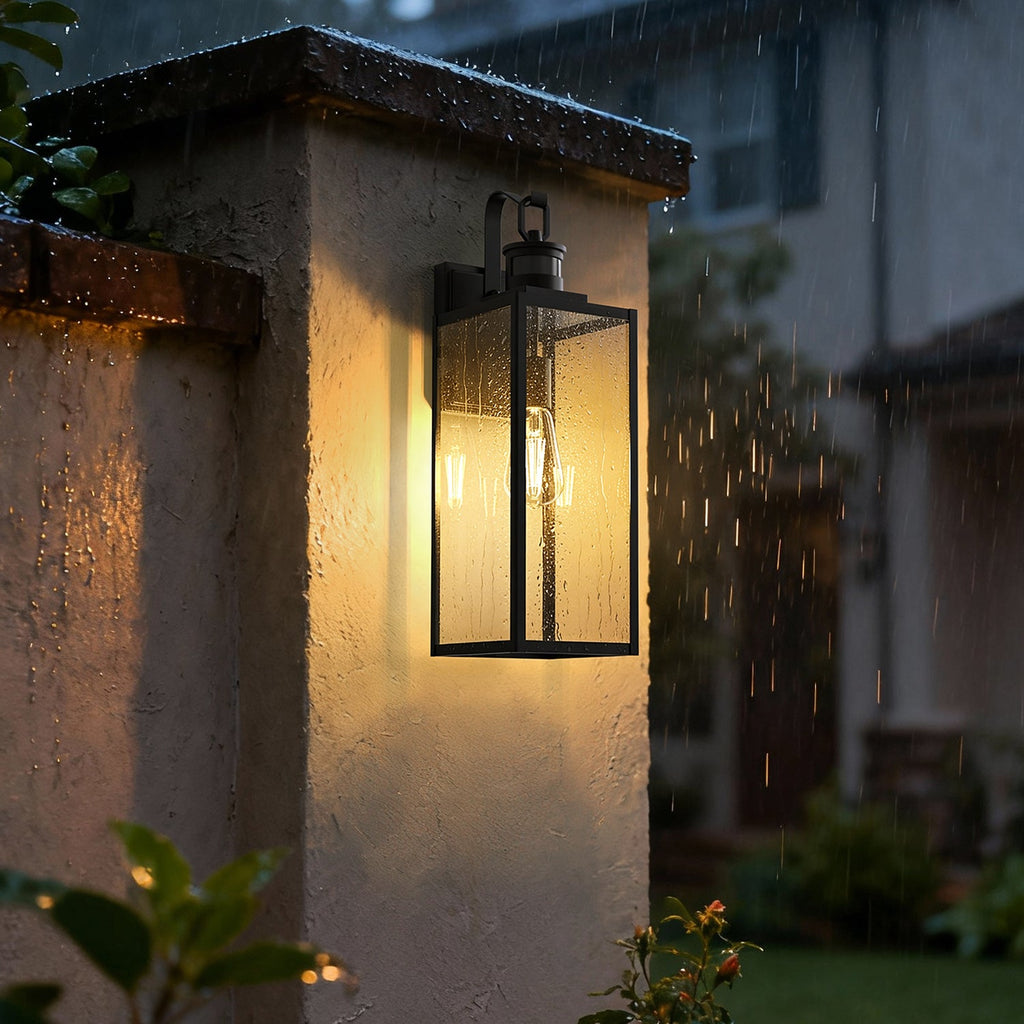 Jandcase 2-Pack Outdoor Wall Sconce, 20 Inch Black Exterior Wall Light with Square Clear Glass and Motion Sensor, E26 Base, IP23