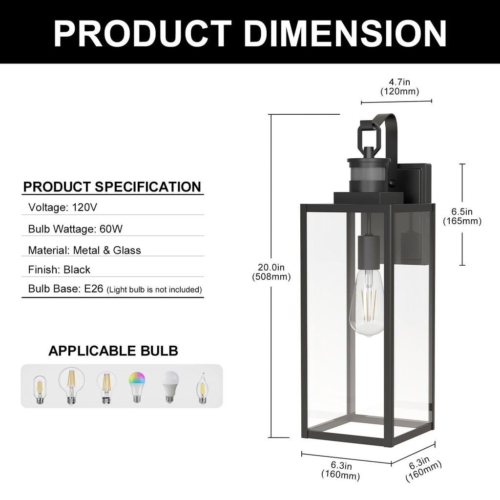Jandcase 2-Pack Outdoor Wall Sconce, 20 Inch Black Exterior Wall Light with Square Clear Glass and Motion Sensor, E26 Base, IP23