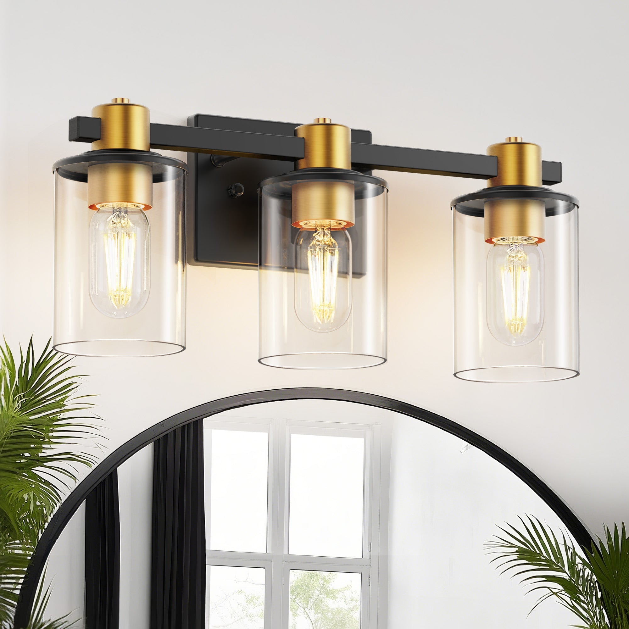 Jandcase 20 in. 3-Light Black Gold Vanity Light with Clear Cylinder Glass Shades Modern Bathroom Wall Fixture