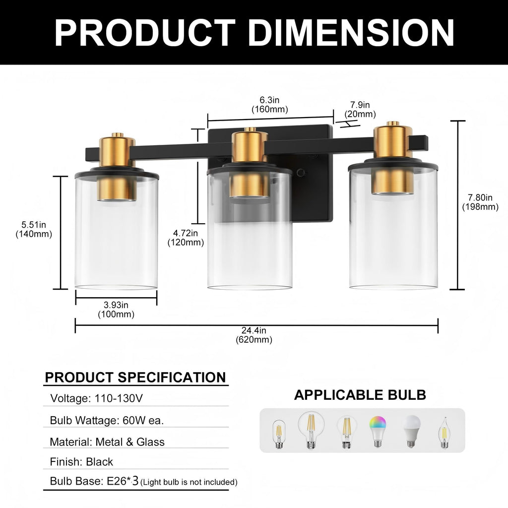 Jandcase 20 in. 3-Light Black Gold Vanity Light with Clear Cylinder Glass Shades Modern Bathroom Wall Fixture