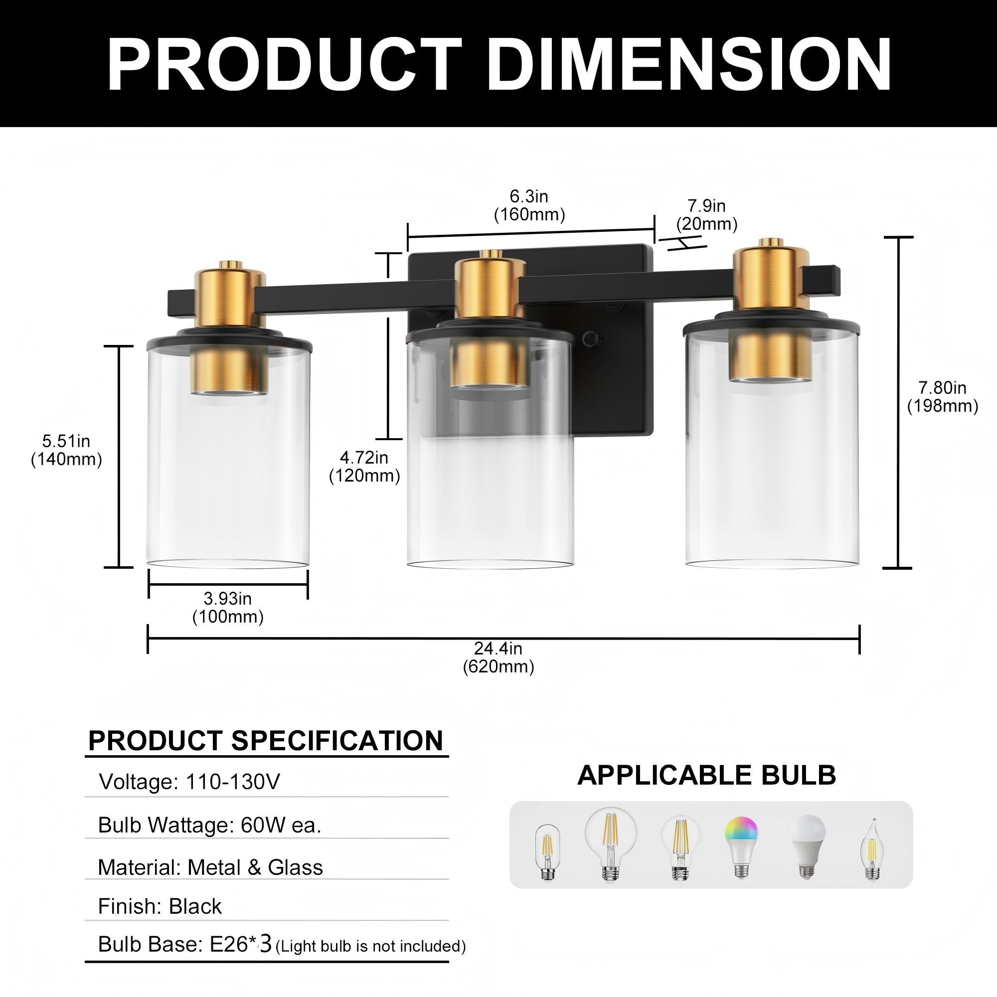 Jandcase 20 in. 3-Light Black Gold Vanity Light with Clear Cylinder Glass Shades Modern Bathroom Wall Fixture
