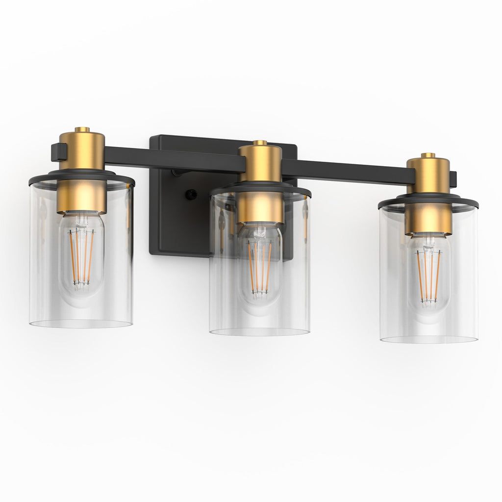 Jandcase 20 in. 3-Light Black Gold Vanity Light with Clear Cylinder Glass Shades Modern Bathroom Wall Fixture