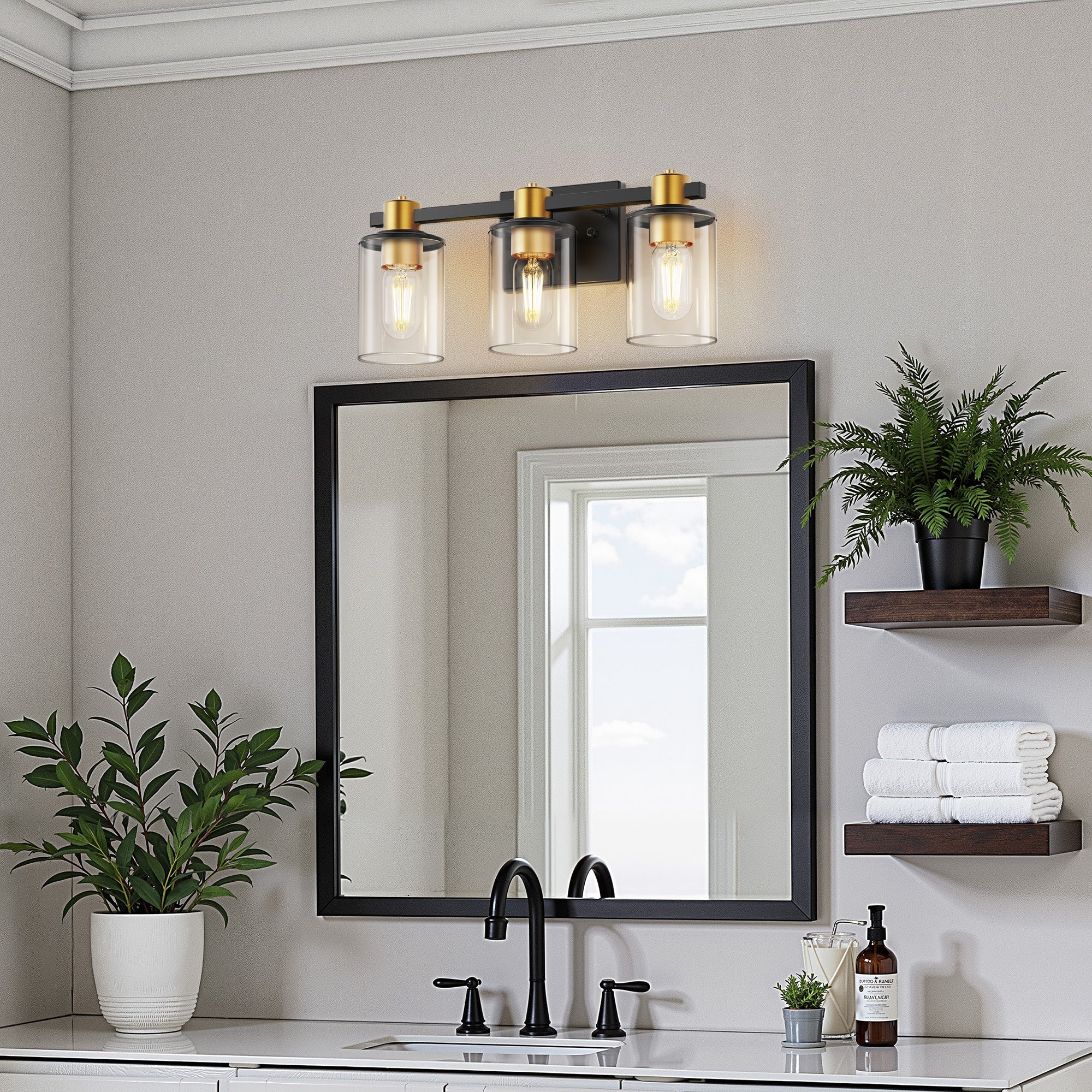 Jandcase 20 in. 3-Light Black Gold Vanity Light with Clear Cylinder Glass Shades Modern Bathroom Wall Fixture