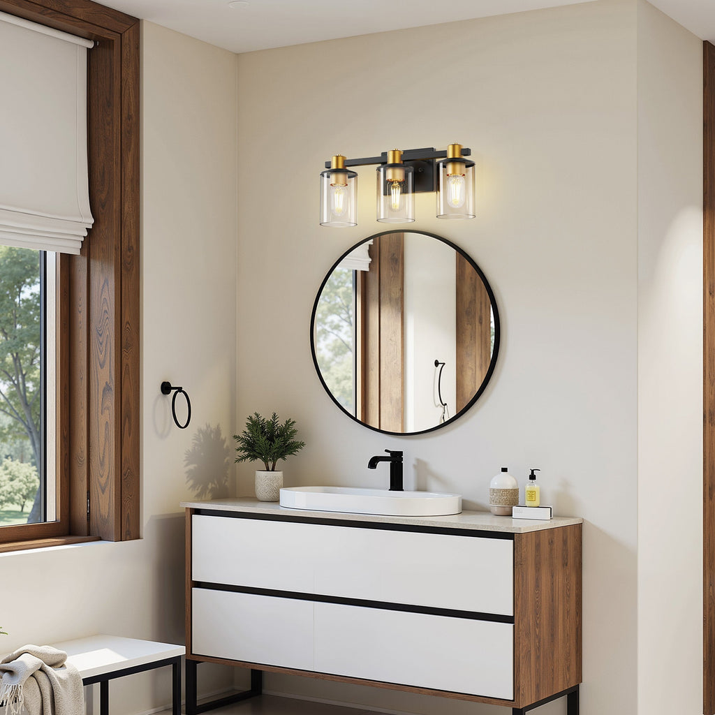 Jandcase 20 in. 3-Light Black Gold Vanity Light with Clear Cylinder Glass Shades Modern Bathroom Wall Fixture