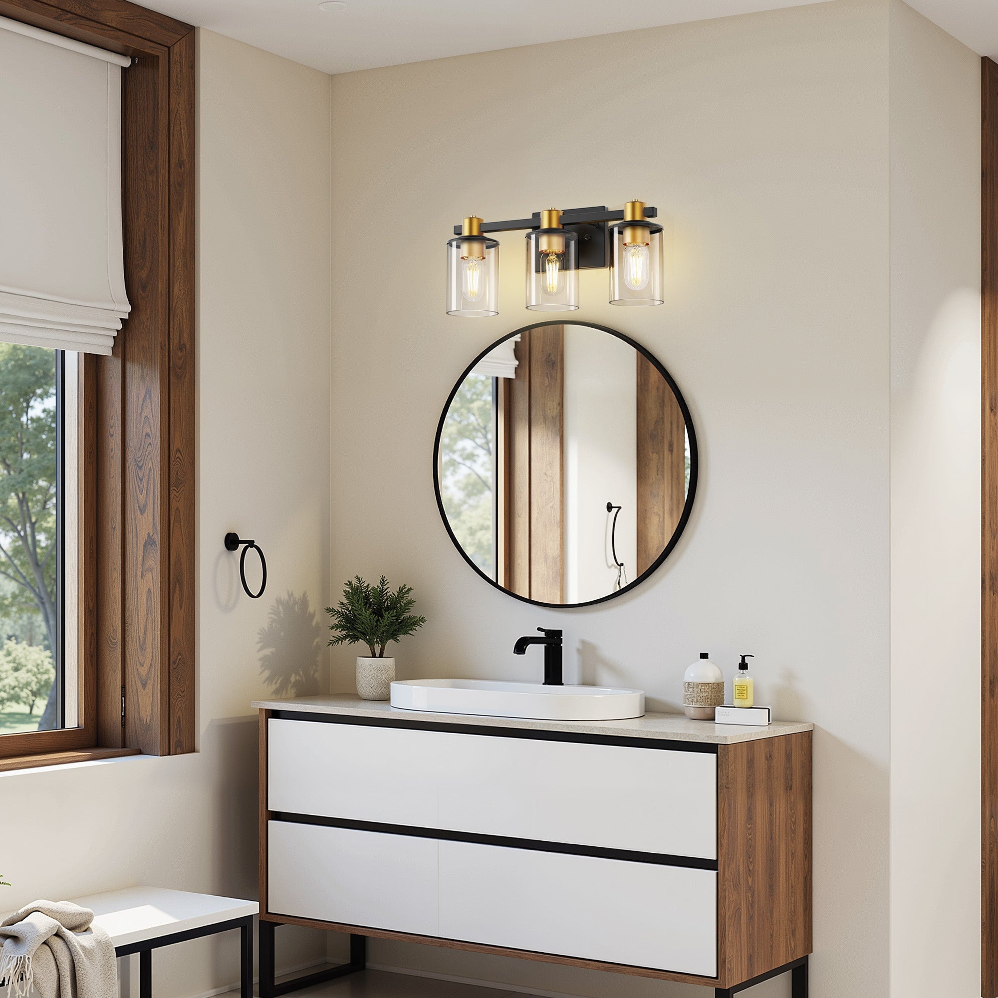 Jandcase 20 in. 3-Light Black Gold Vanity Light with Clear Cylinder Glass Shades Modern Bathroom Wall Fixture