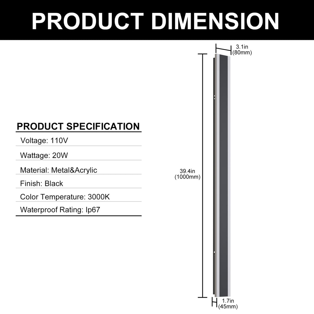 Jandcase 39.4in Outdoor LED Wall Light, IP67 Waterproof Linear Outdoor Wall Sconce, 3000K Warm Light 20W Exterior Wall Fixture 85-265V Black