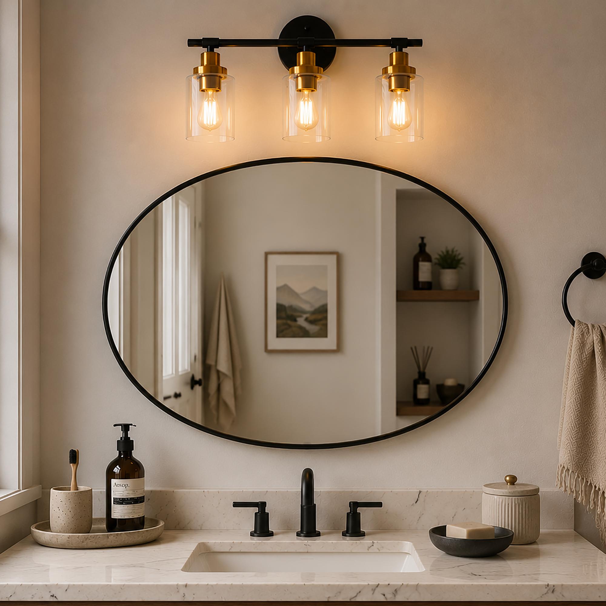Jandcase 3-Light Black Gold Bathroom Vanity Light with Round Glass Shades Modern Wall Fixture
