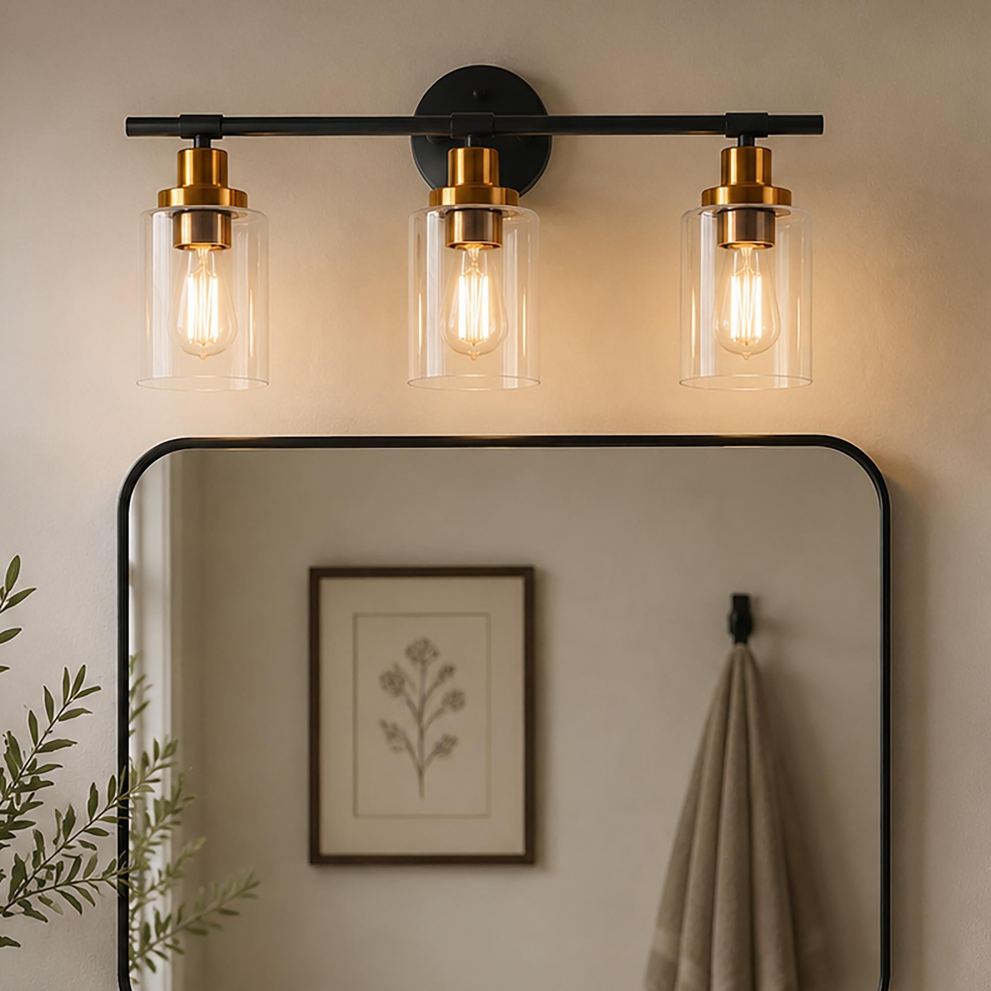 Jandcase 3-Light Black Gold Bathroom Vanity Light with Round Glass Shades Modern Wall Fixture