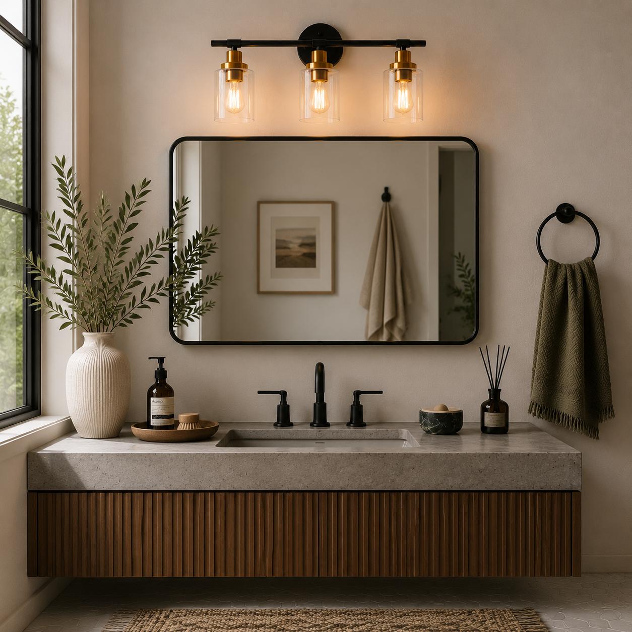Jandcase 3-Light Black Gold Bathroom Vanity Light with Round Glass Shades Modern Wall Fixture