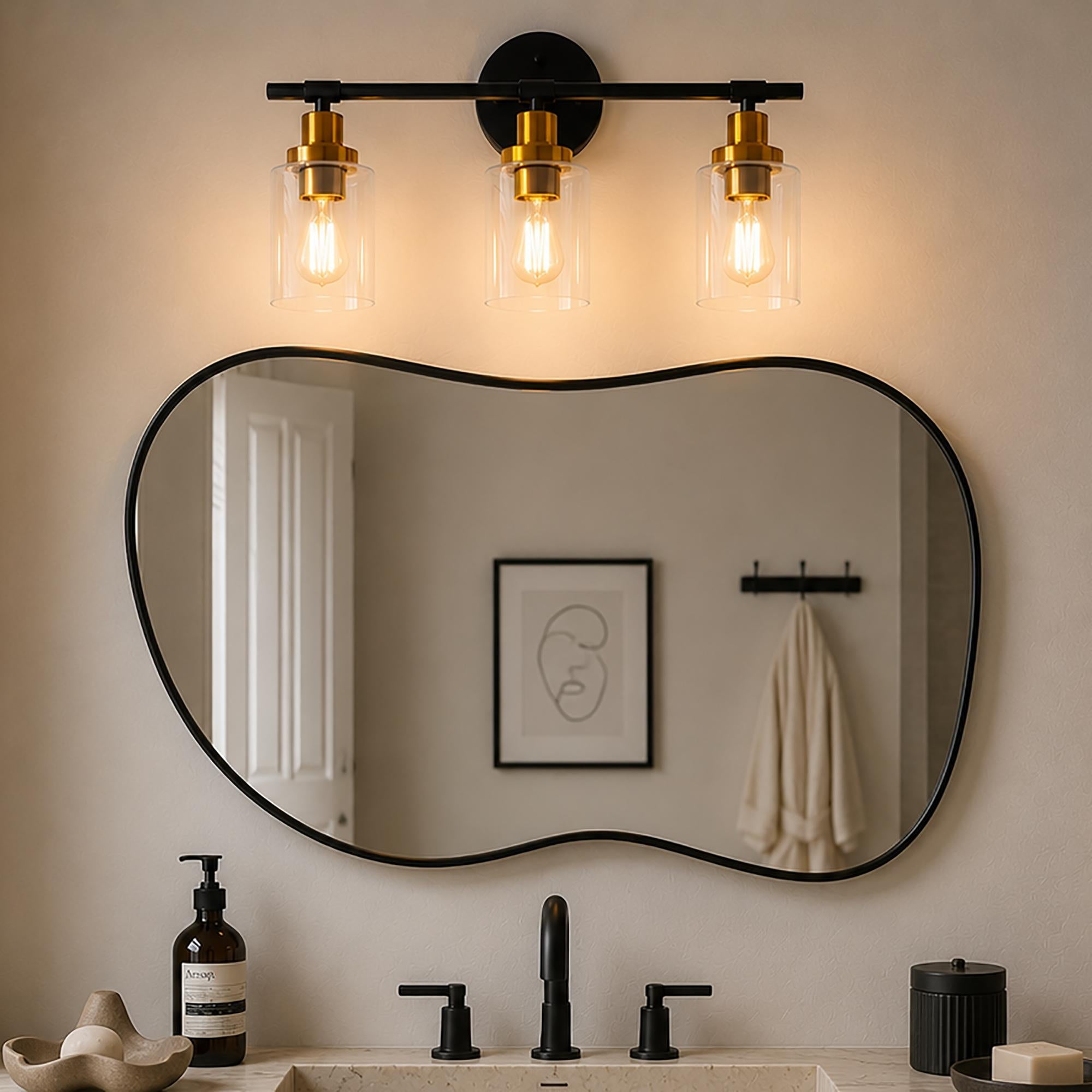 Jandcase 3-Light Black Gold Bathroom Vanity Light with Round Glass Shades Modern Wall Fixture