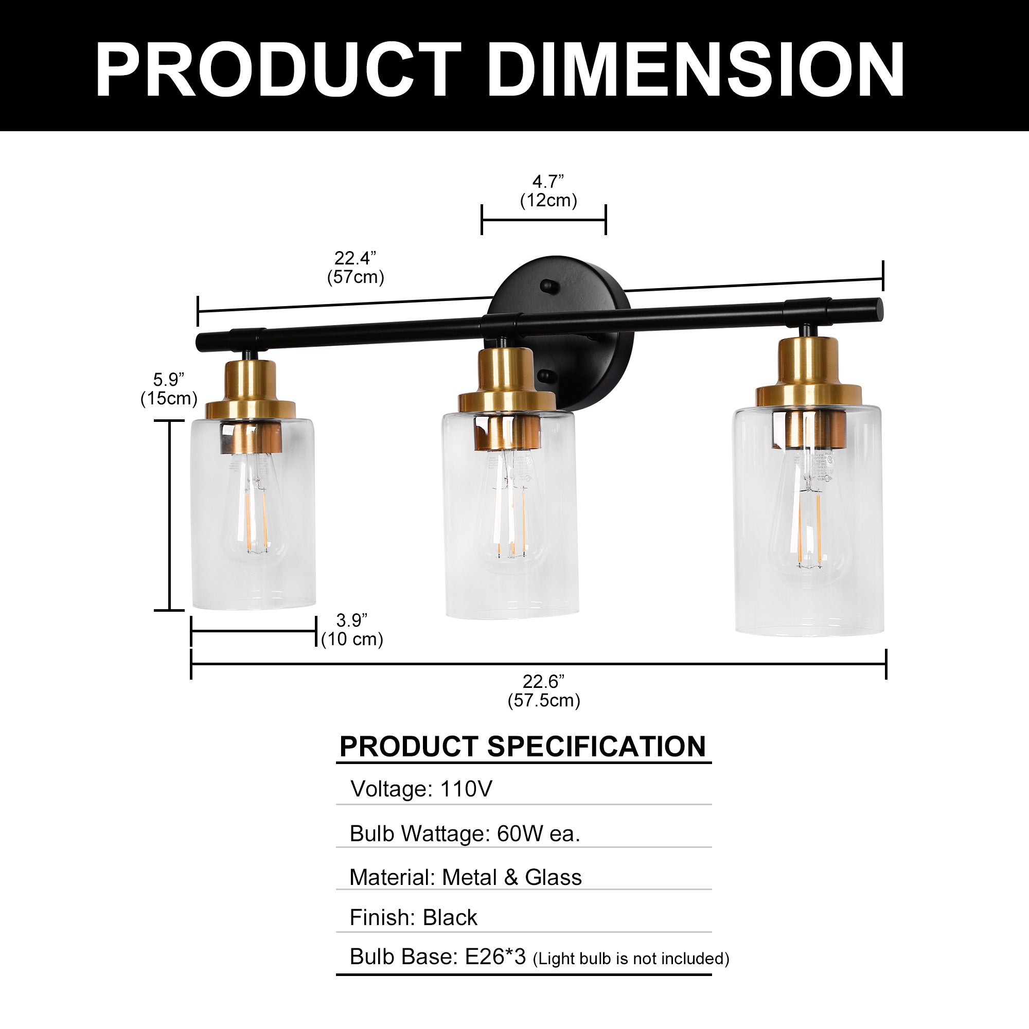 Jandcase 3-Light Black Gold Bathroom Vanity Light with Round Glass Shades Modern Wall Fixture