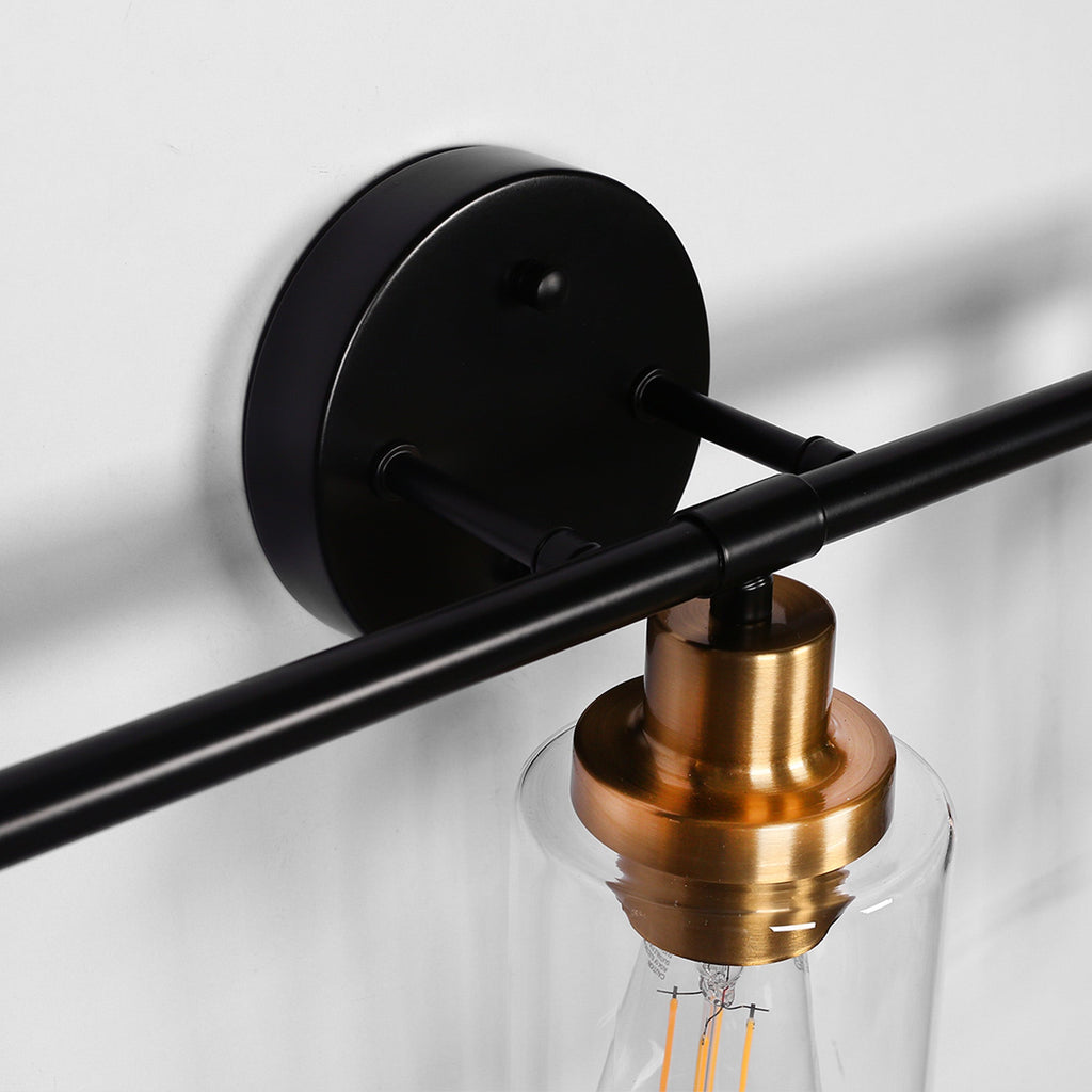 Jandcase 3-Light Black Gold Bathroom Vanity Light with Round Glass Shades Modern Wall Fixture