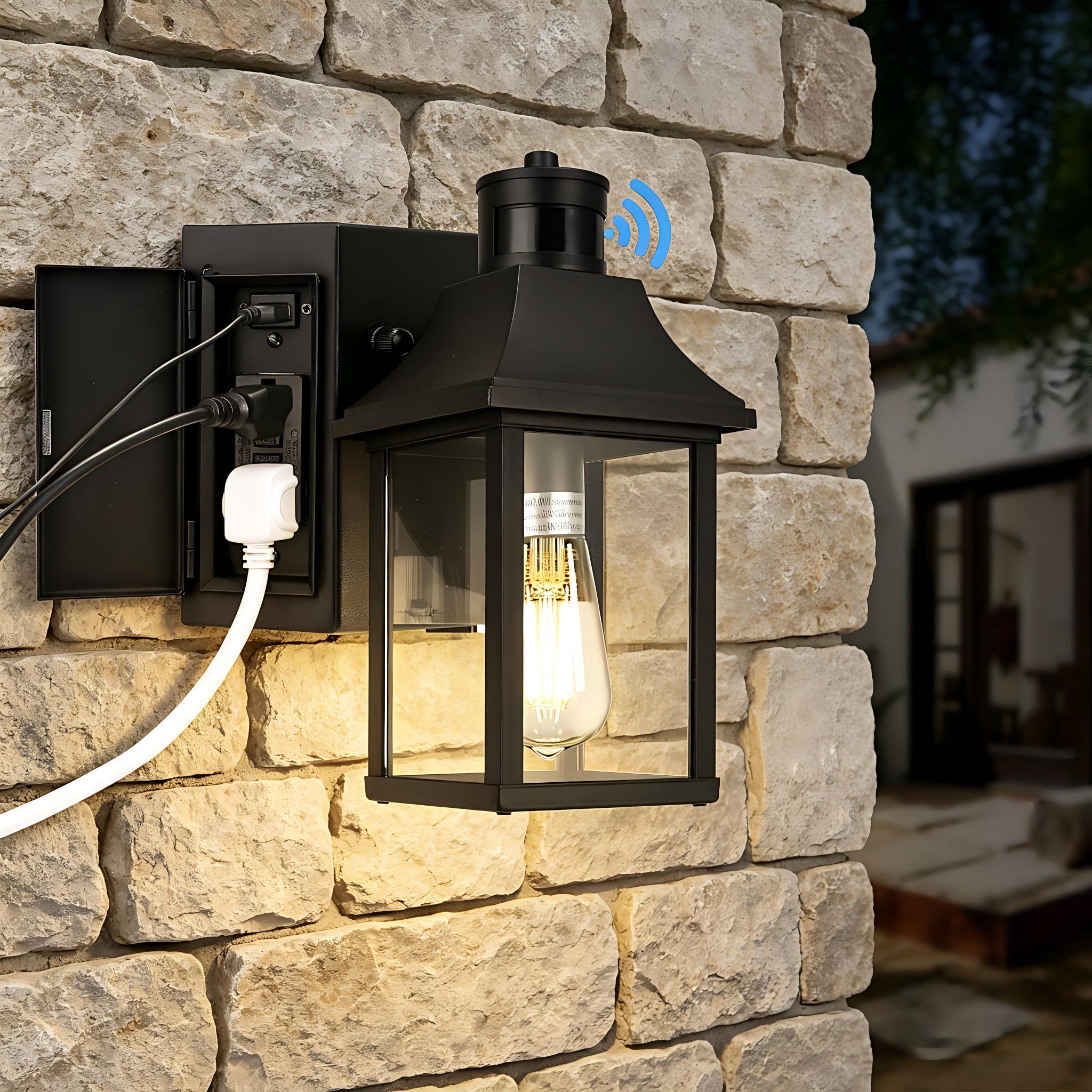 Jandcase Outdoor Wall Light with GFCI Outlet and Motion Sensor, UL Listed E26 Porch Light Fixture with 2 Modes Weather Resistant Exterior Sconce