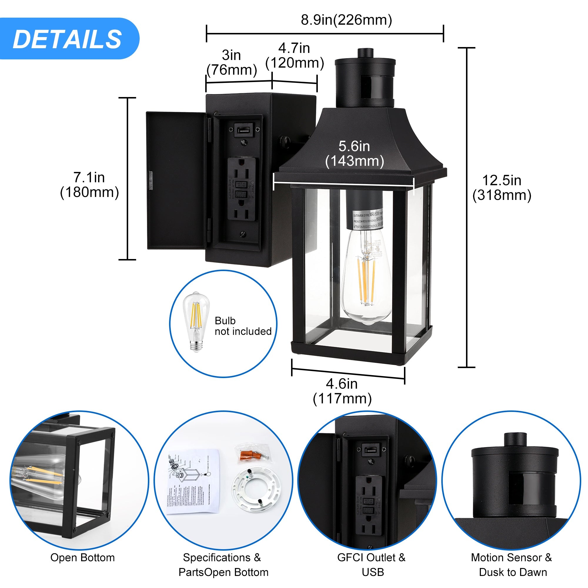 Jandcase Outdoor Wall Light with GFCI Outlet and Motion Sensor, UL Listed E26 Porch Light Fixture with 2 Modes Weather Resistant Exterior Sconce