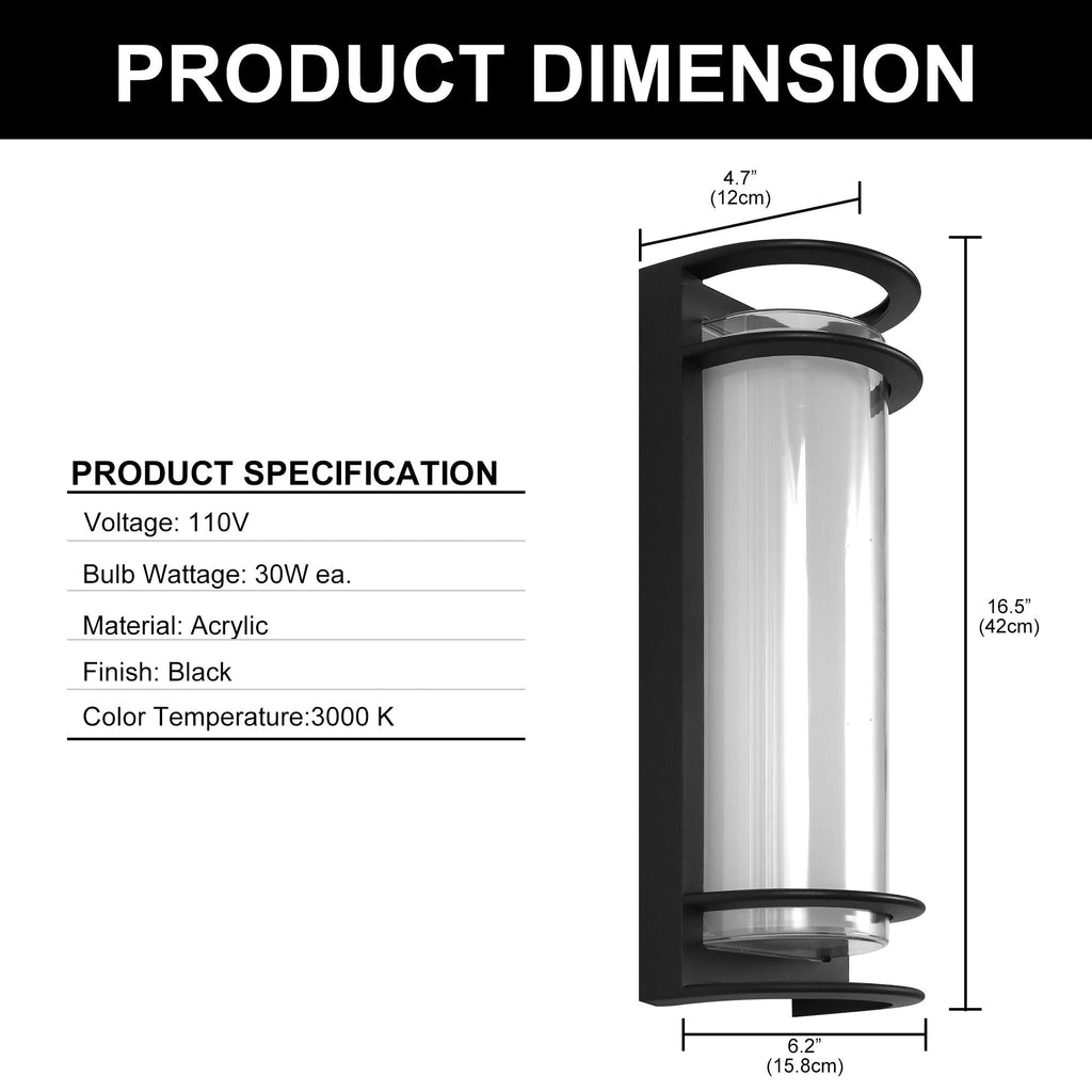 Jandcase Outdoor LED Wall Light with Glass Shade, Black Exterior Wall Sconce 30W 3000K Warm Light Modern Porch Patio Wall Fixture