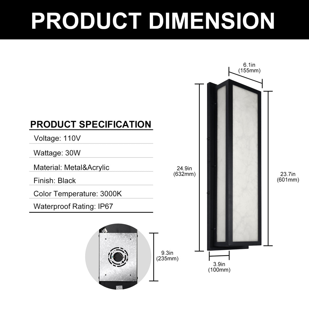 Jandcase 24.8in LED Outdoor Wall Light 30W IP65 Waterproof Marble Resin Sconce 3000K Modern Exterior Fixture