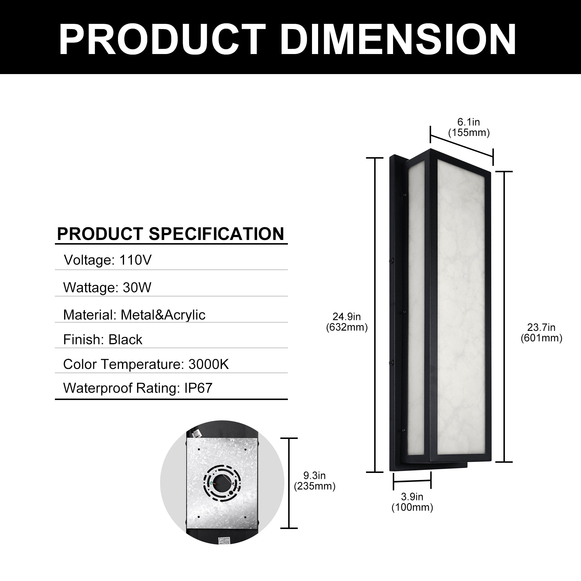 Jandcase 24.8in LED Outdoor Wall Light 30W IP65 Waterproof Marble Resin Sconce 3000K Modern Exterior Fixture
