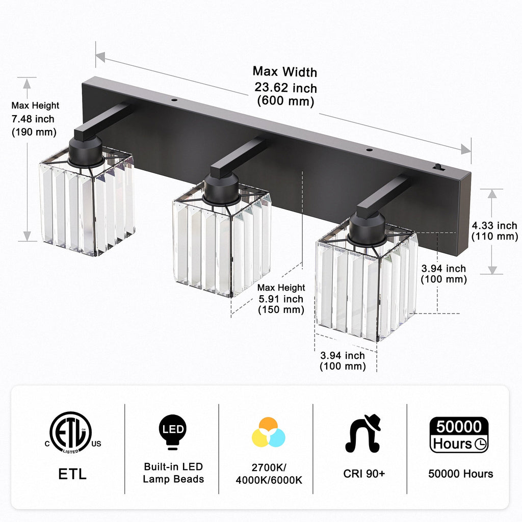 Jandcase 3-Light Vanity Light with Square Crystal Shades Black Integrated LED