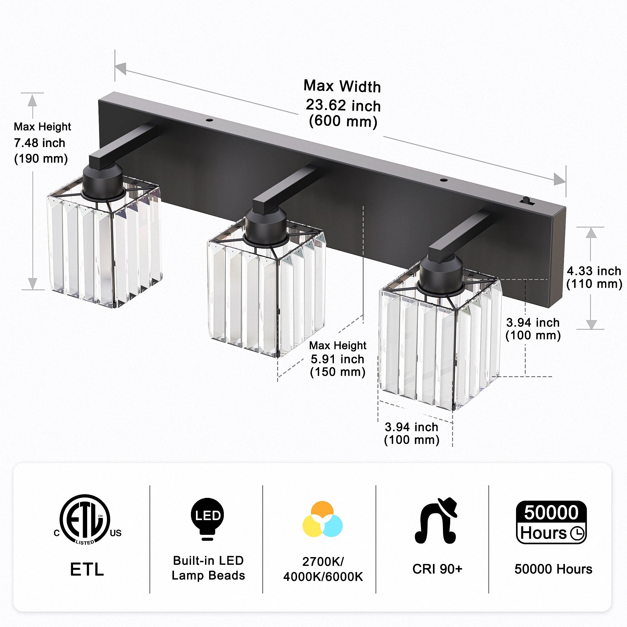Jandcase 3-Light Vanity Light with Square Crystal Shades Black Integrated LED