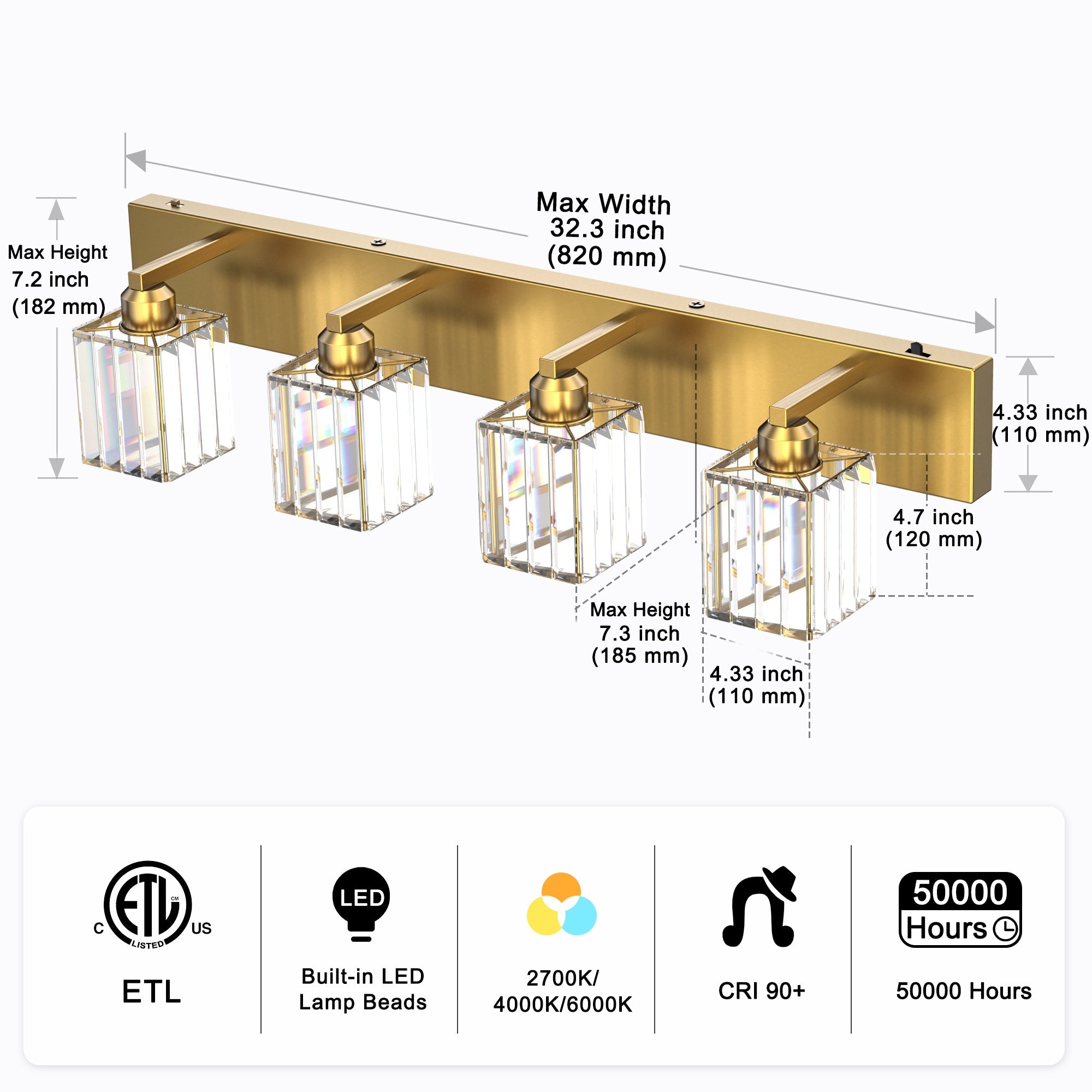 Jandcase 4-Light LED Bathroom Vanity Light Brass Finish Modern Mirror Light with Square Crystal Shades Integrated LED Wall Fixture