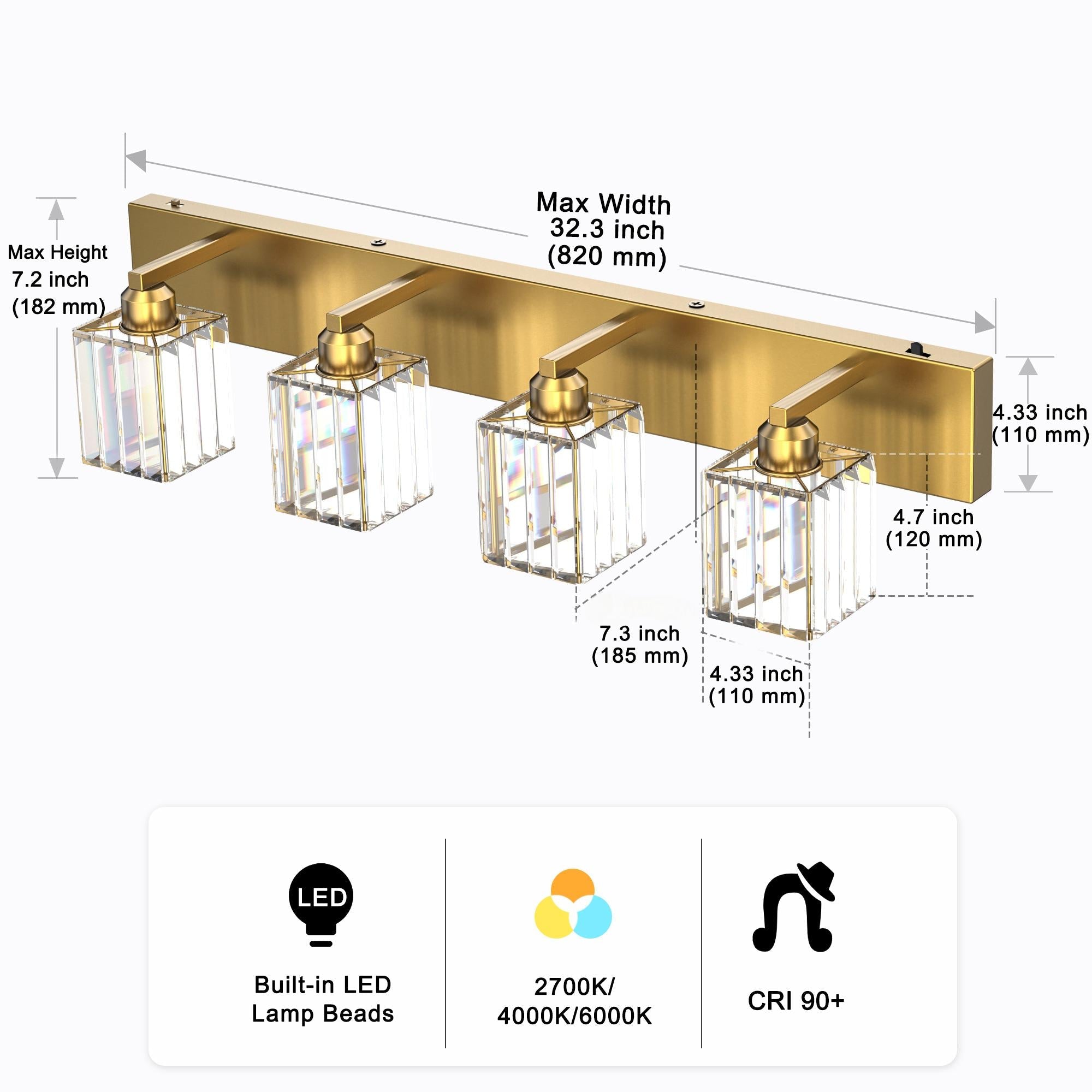 Jandcase 4-Light LED Bathroom Vanity Light Brass Finish Modern Mirror Light with Square Crystal Shades Integrated LED Wall Fixture