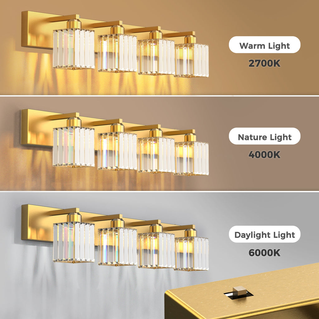 Jandcase 4-Light LED Bathroom Vanity Light Brass Finish Modern Mirror Light with Square Crystal Shades Integrated LED Wall Fixture