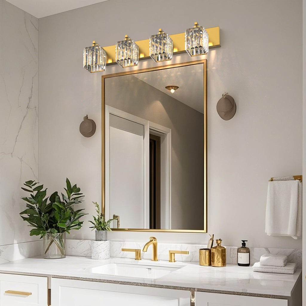 Jandcase 4-Light LED Bathroom Vanity Light Brass Finish Modern Mirror Light with Square Crystal Shades Integrated LED Wall Fixture