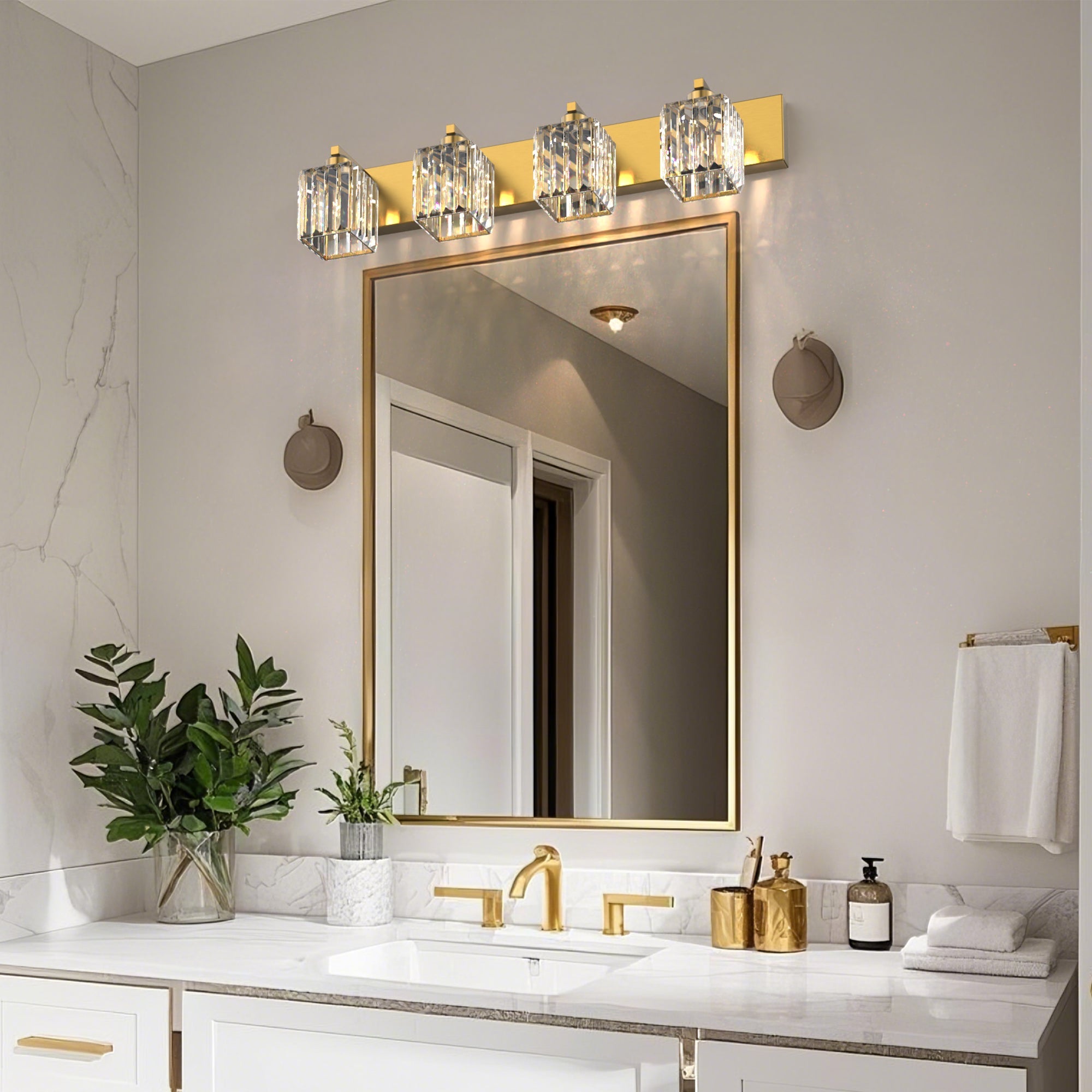 Jandcase 4-Light LED Bathroom Vanity Light Brass Finish Modern Mirror Light with Square Crystal Shades Integrated LED Wall Fixture