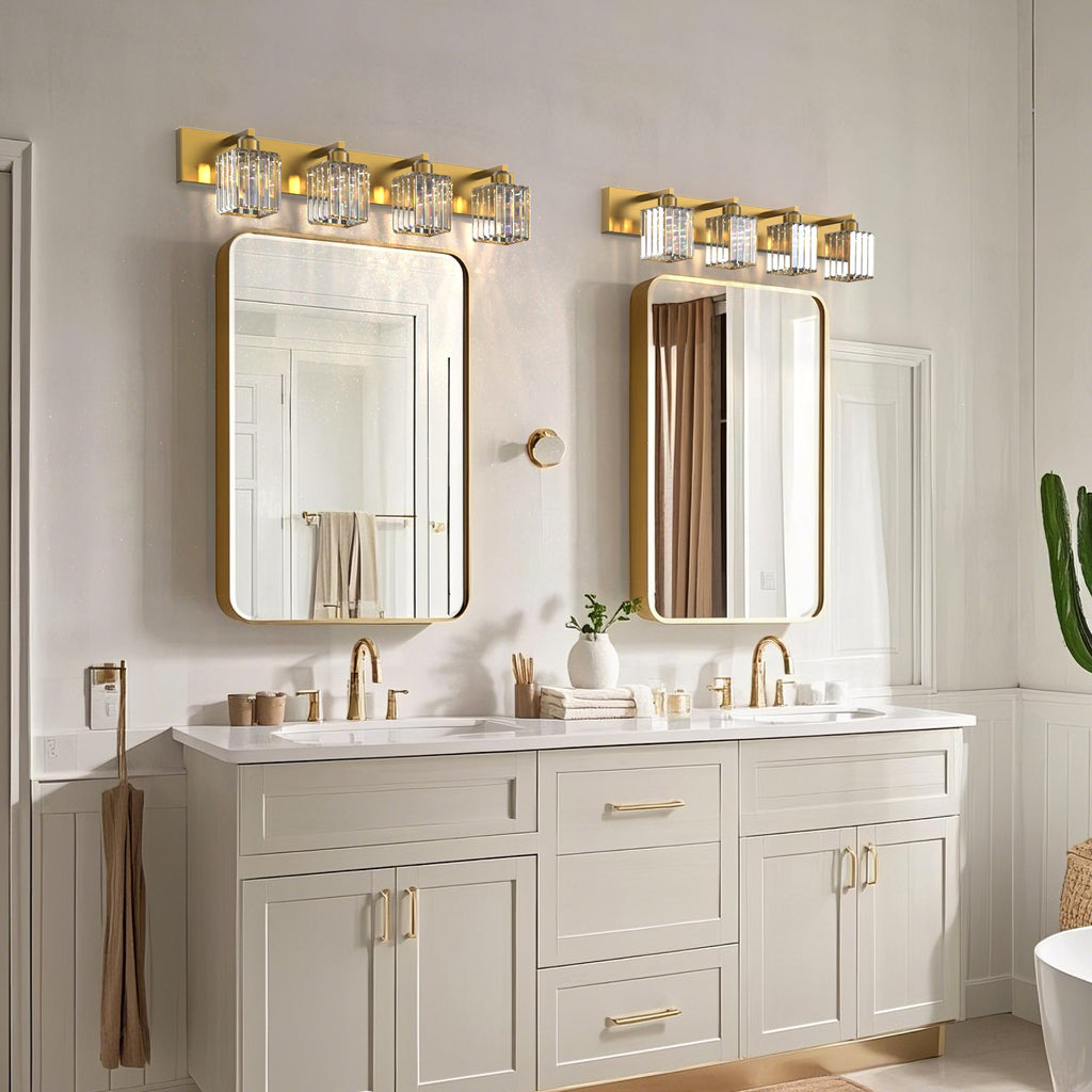 Jandcase 4-Light LED Bathroom Vanity Light Brass Finish Modern Mirror Light with Square Crystal Shades Integrated LED Wall Fixture