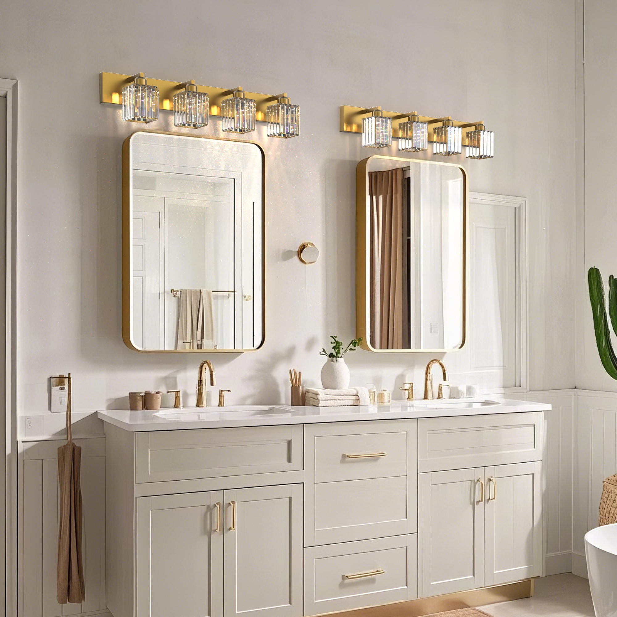 Jandcase 4-Light LED Bathroom Vanity Light Brass Finish Modern Mirror Light with Square Crystal Shades Integrated LED Wall Fixture