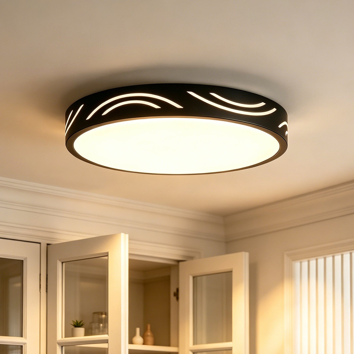 Jandcase 11. 8in Matte Black Integrated LED Flush Mount Ceiling Light with Round Plastic Shade, Dimmable 5-Level Switch for Foyer
