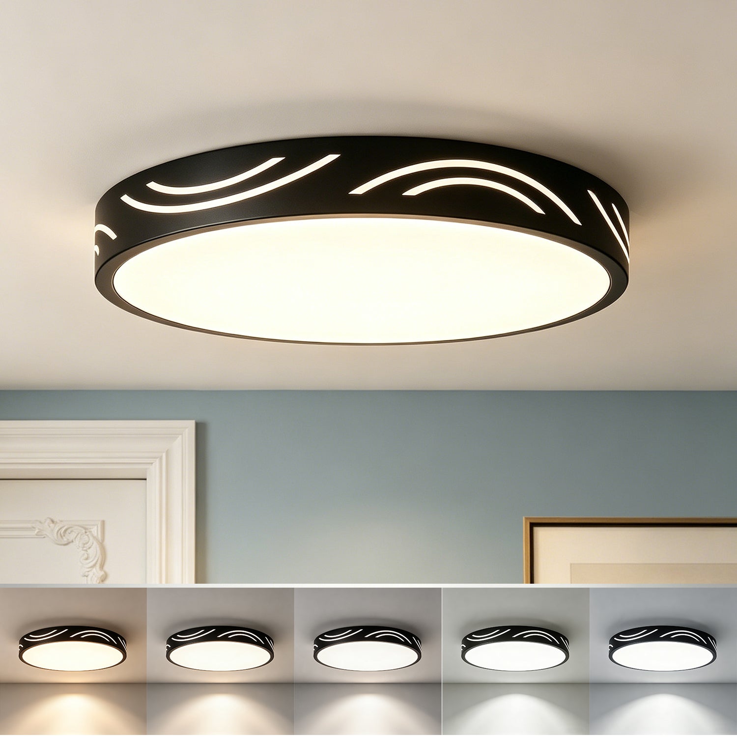 Jandcase 11. 8in Matte Black Integrated LED Flush Mount Ceiling Light with Round Plastic Shade, Dimmable 5-Level Switch for Foyer