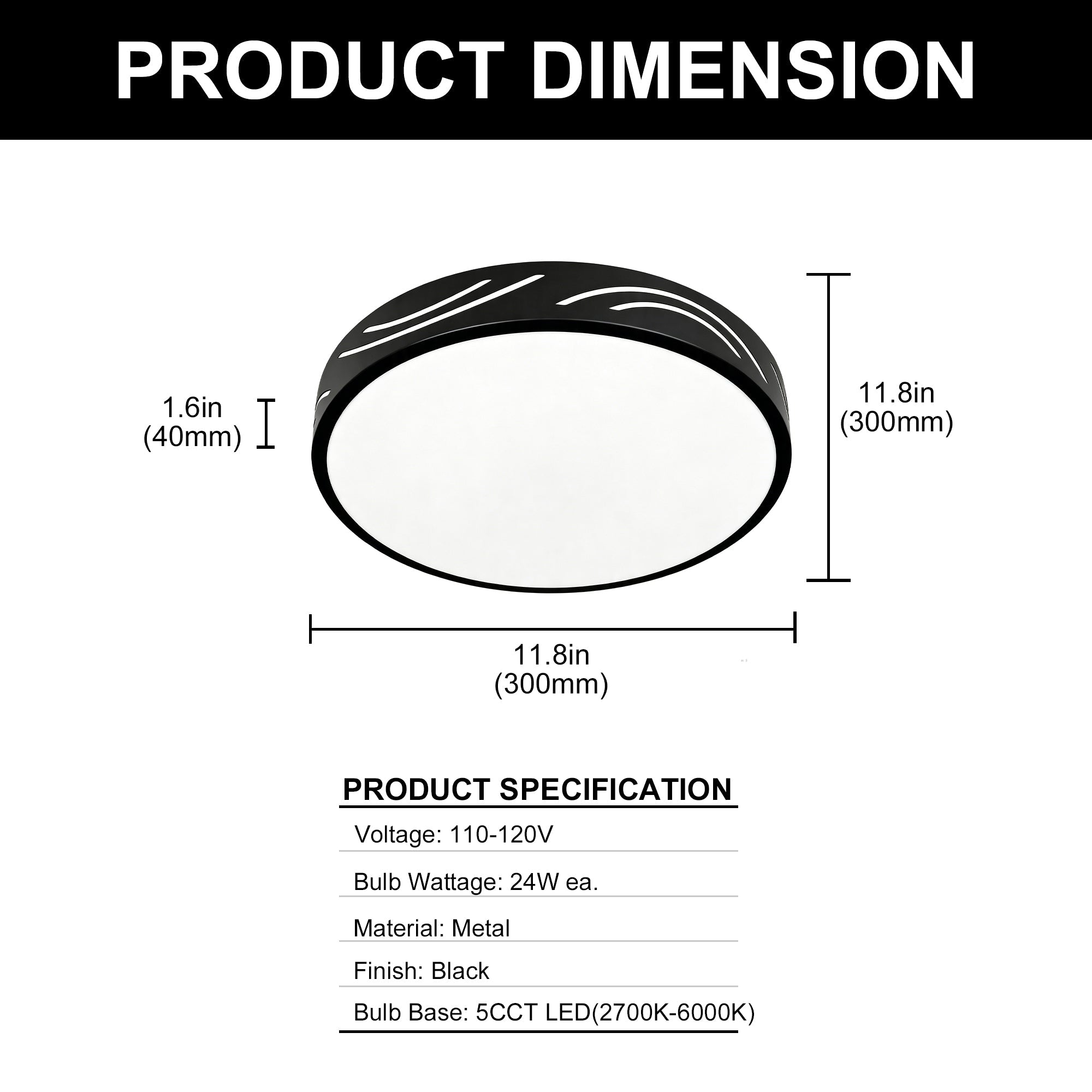 Jandcase 11. 8in Matte Black Integrated LED Flush Mount Ceiling Light with Round Plastic Shade, Dimmable 5-Level Switch for Foyer
