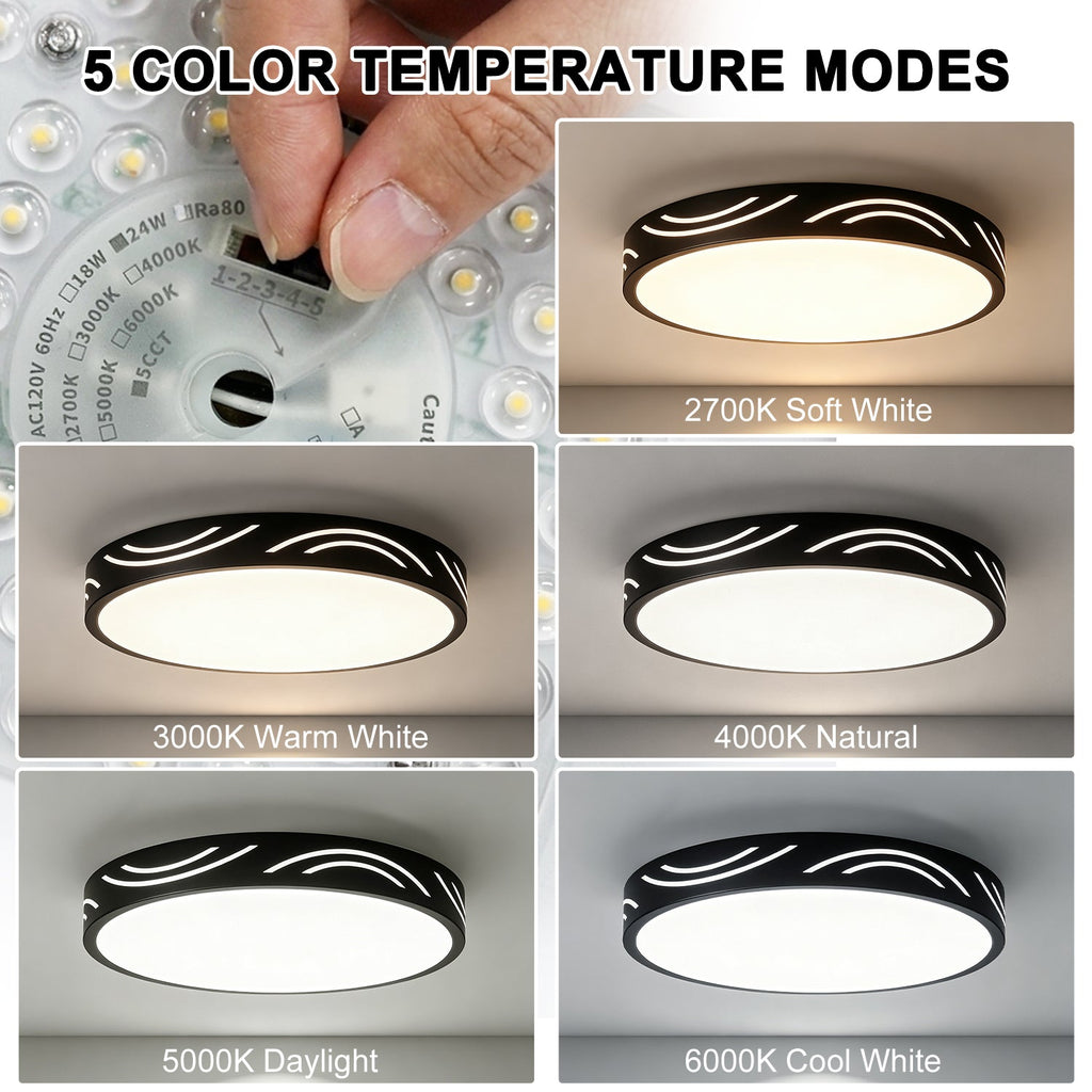 Jandcase 11. 8in Matte Black Integrated LED Flush Mount Ceiling Light with Round Plastic Shade, Dimmable 5-Level Switch for Foyer