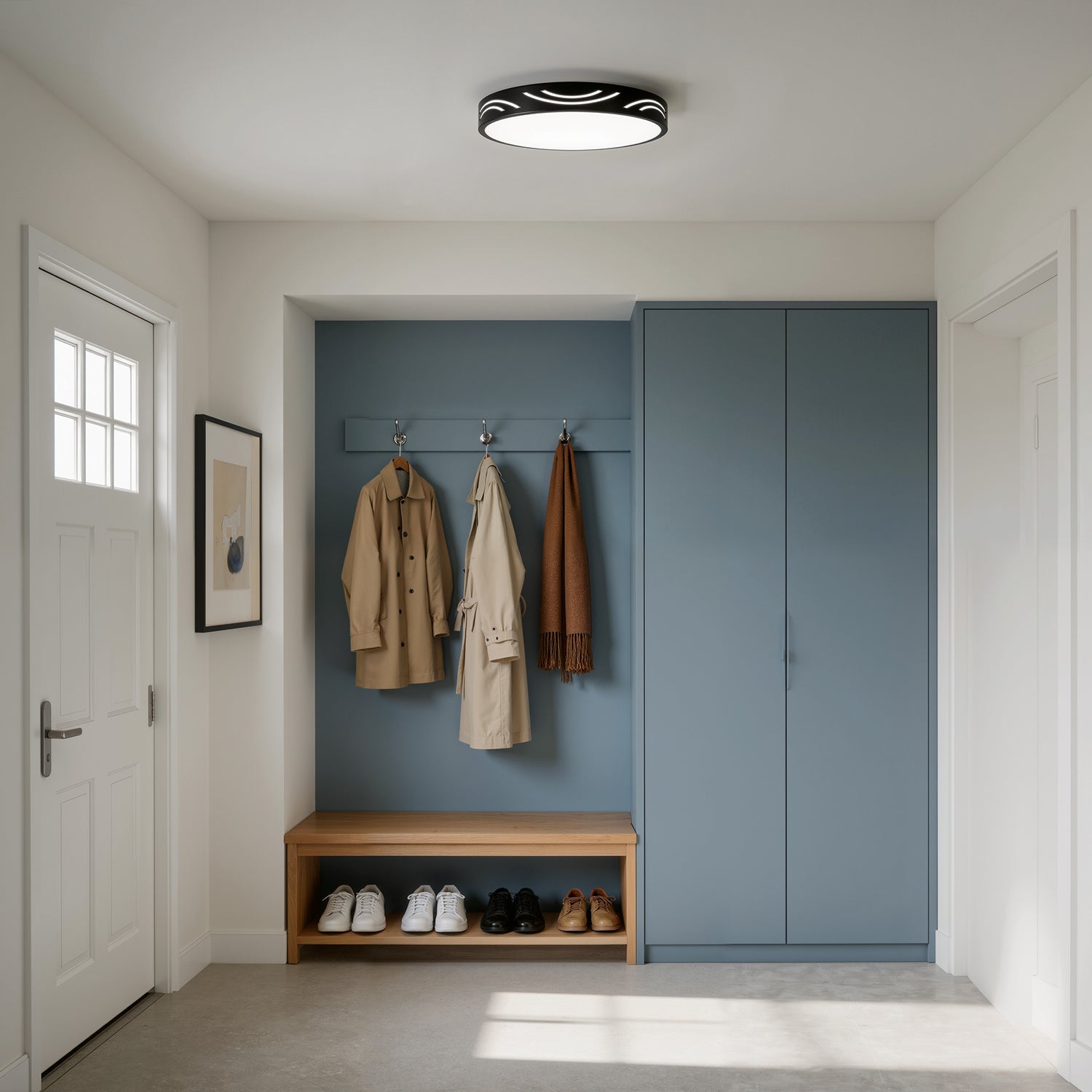 Jandcase 11. 8in Matte Black Integrated LED Flush Mount Ceiling Light with Round Plastic Shade, Dimmable 5-Level Switch for Foyer