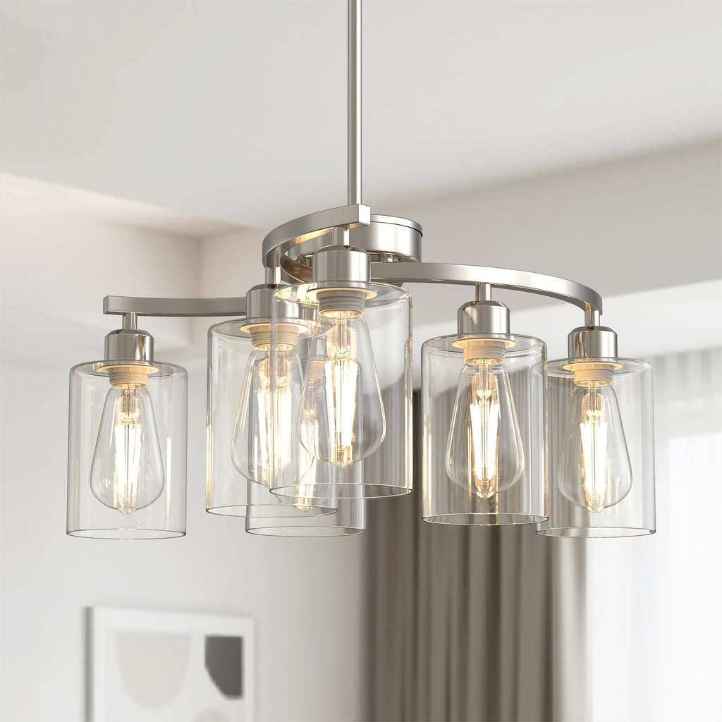 Jandcase 6-Light Brushed Nickel Chandelier Pendant Light with Curved Arms and Glass Shades E26 Ceiling Fixture for Dining Room