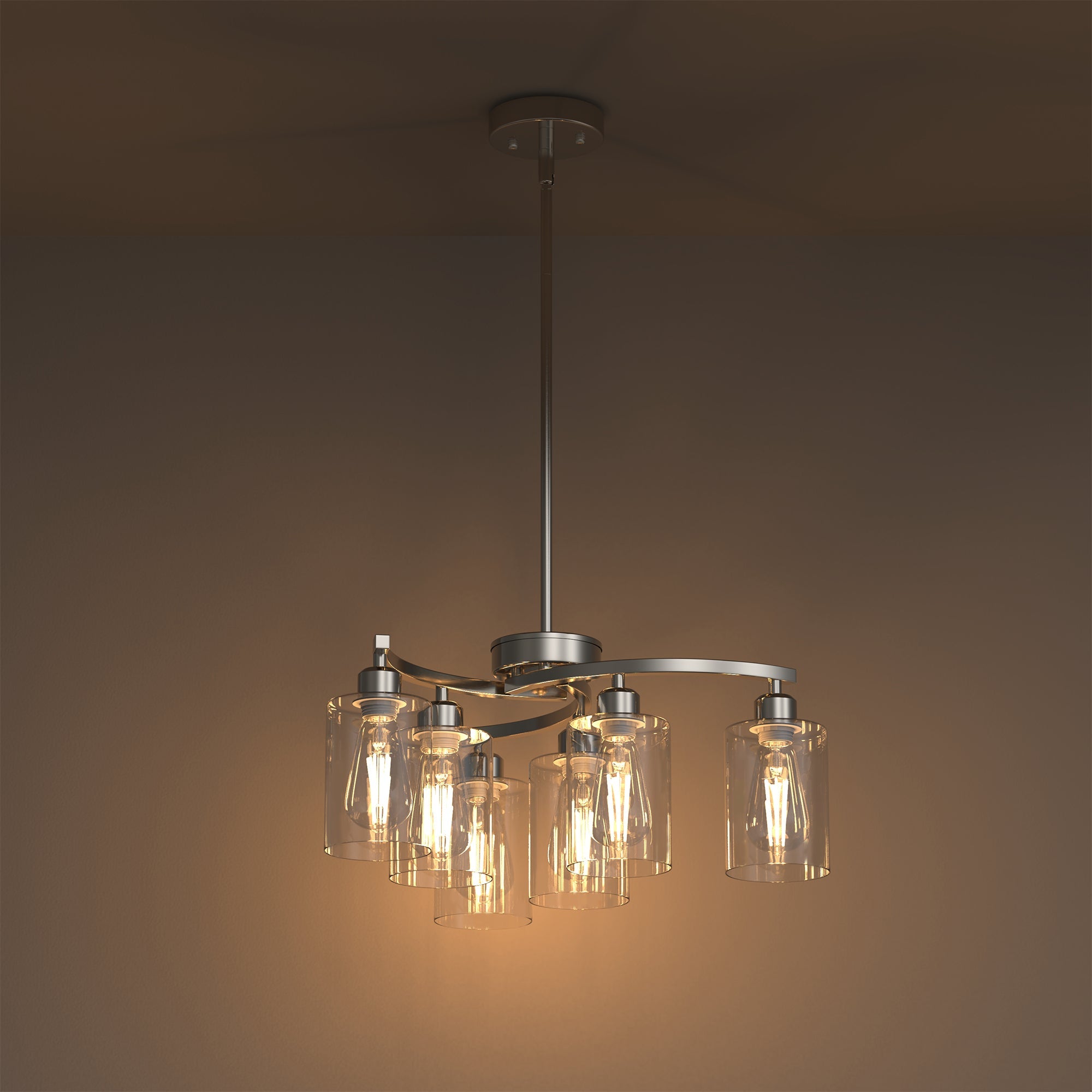 6-Light Satin Nickel Chandelier with Clear Glass Shades, E26 Industrial Pendant Light for Dining Room Kitchen
