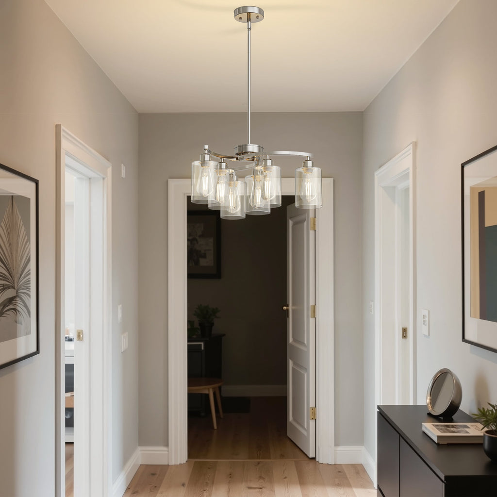 Jandcase 6-Light Brushed Nickel Chandelier Pendant Light with Curved Arms and Glass Shades E26 Ceiling Fixture for Dining Room