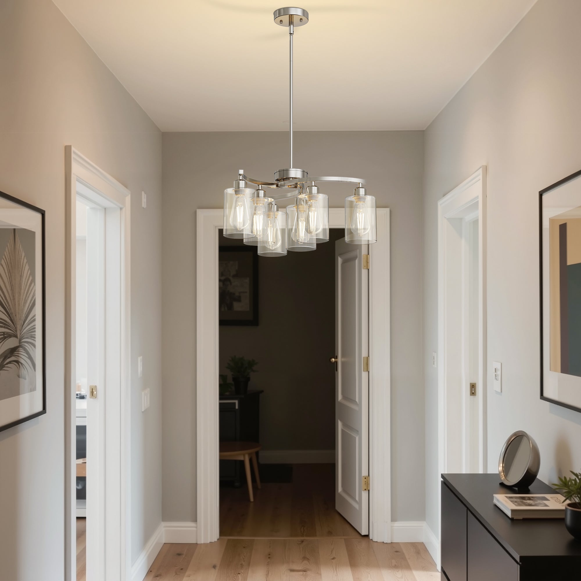 Jandcase 6-Light Brushed Nickel Chandelier Pendant Light with Curved Arms and Glass Shades E26 Ceiling Fixture for Dining Room