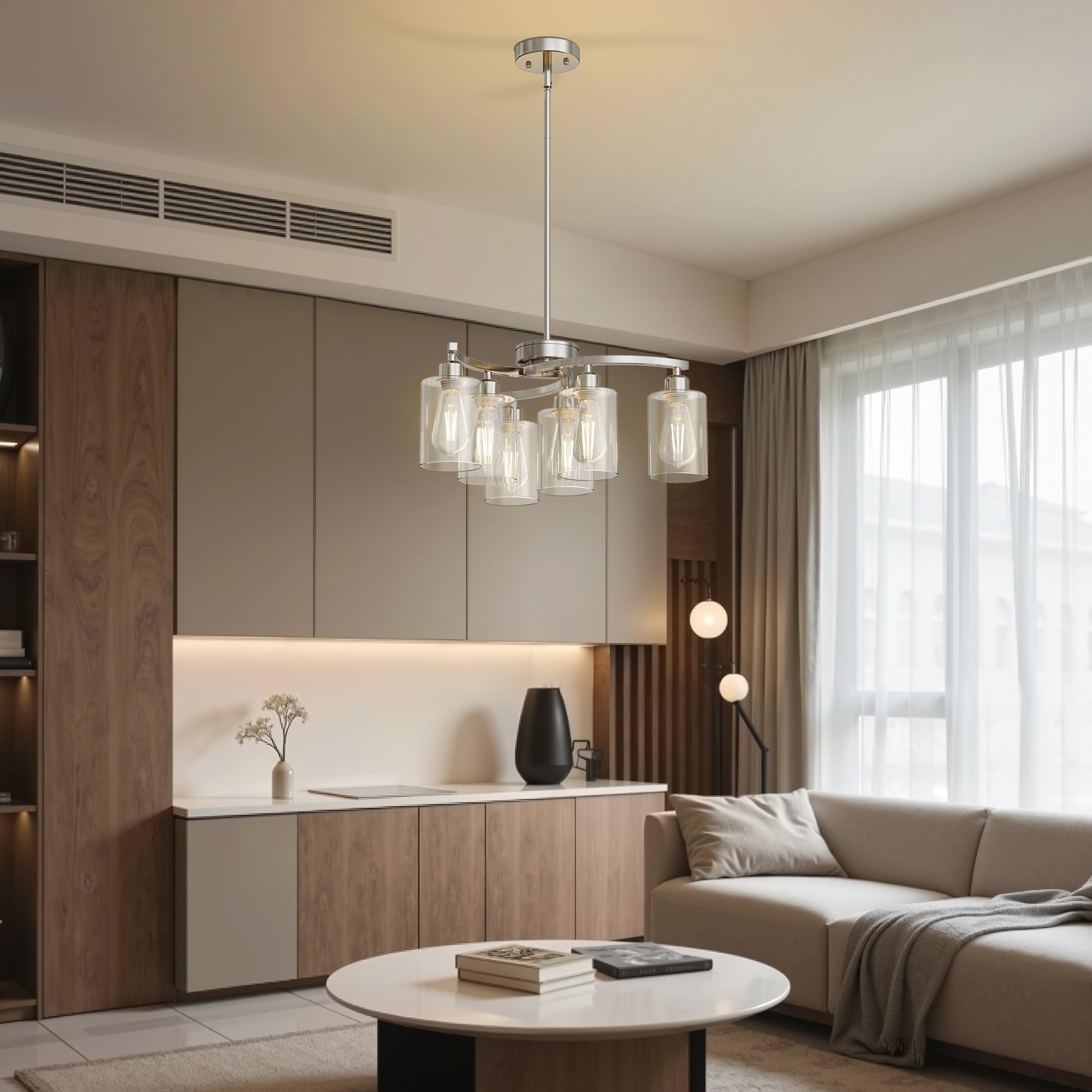 Jandcase 6-Light Brushed Nickel Chandelier Pendant Light with Curved Arms and Glass Shades E26 Ceiling Fixture for Dining Room