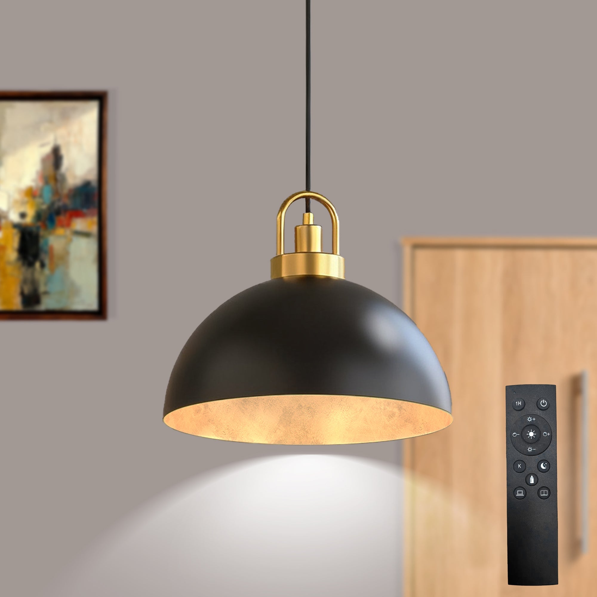 118.1 in 2-Pack 5W 1-Light Black and Gold Integrated LE Pendant Light with Gold Dome Shade, RF Remote, Dimmable