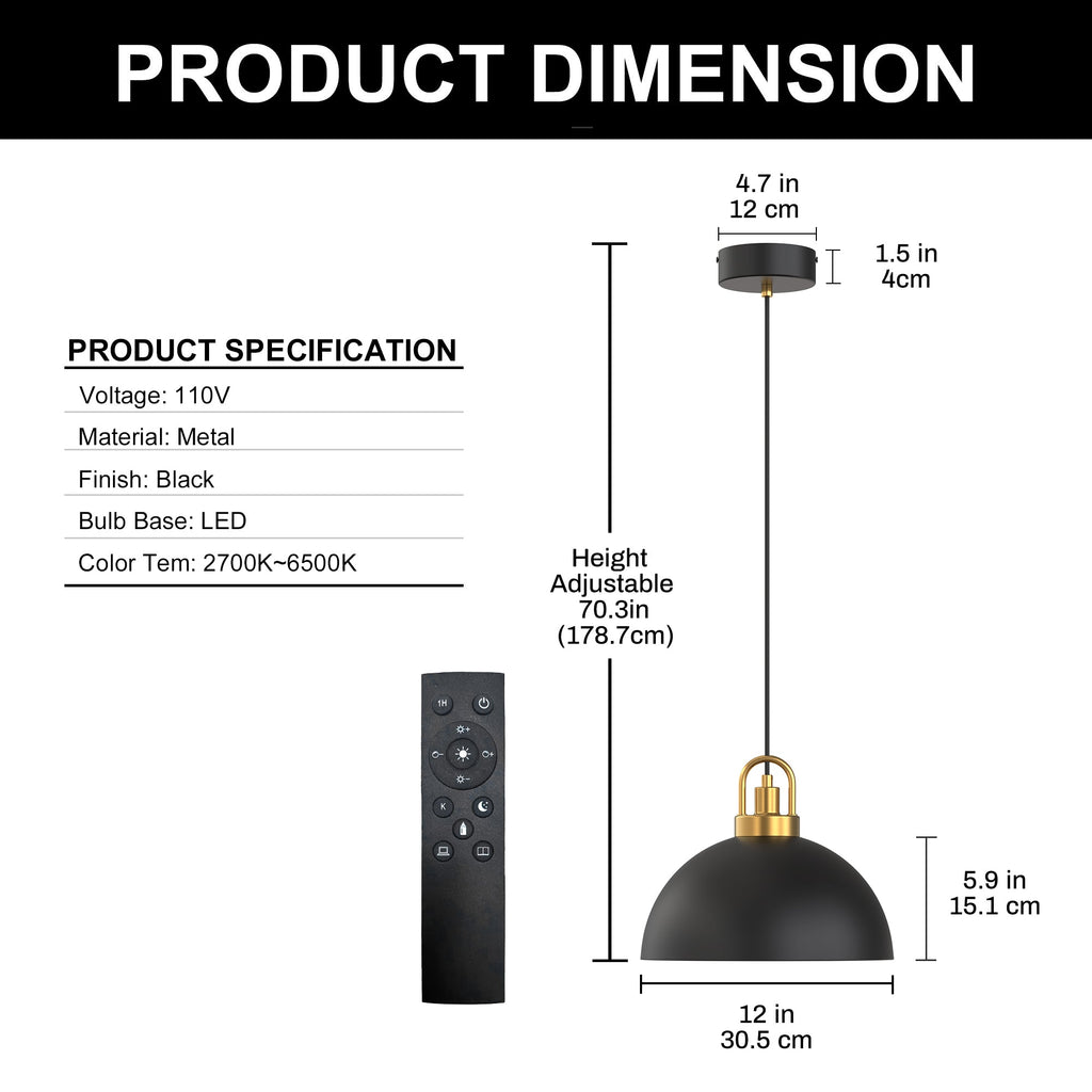 118.1 in 2-Pack 5W 1-Light Black and Gold Integrated LE Pendant Light with Gold Dome Shade, RF Remote, Dimmable