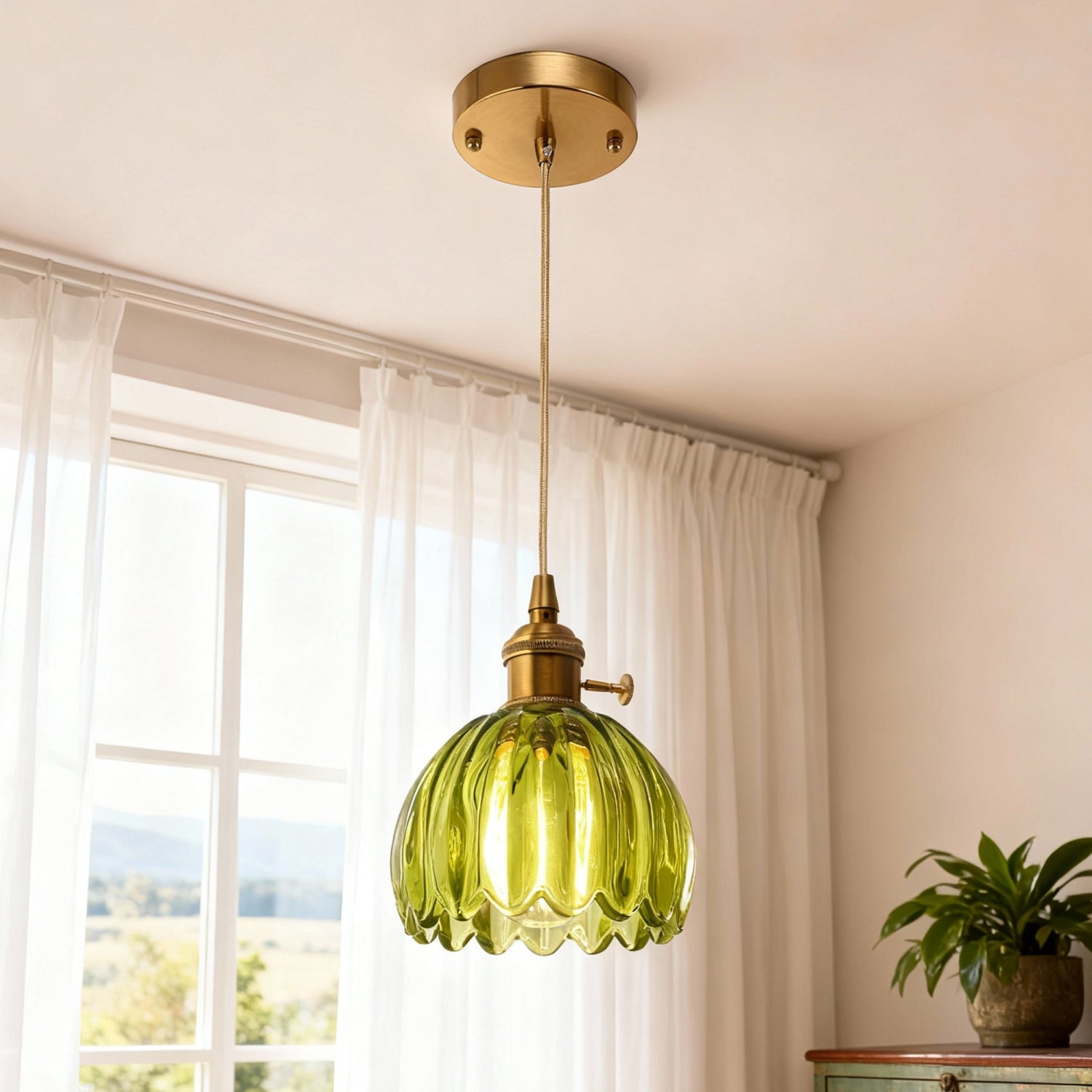 Jandcase 5.12  in. Gold Pendant Light w/ Green Glass Flower Shade E26 Hanging Light Fixture for Kitchen Island Dining Room 2-Pack