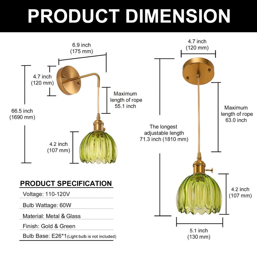 Jandcase 5.12  in. Gold Pendant Light w/ Green Glass Flower Shade E26 Hanging Light Fixture for Kitchen Island Dining Room 2-Pack