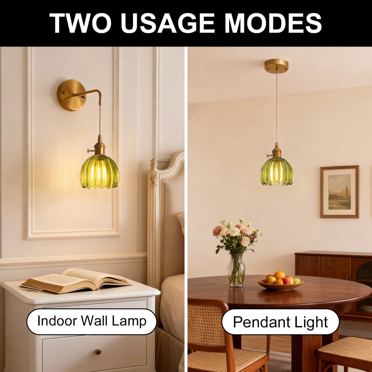 Jandcase 5.12  in. Gold Pendant Light w/ Green Glass Flower Shade E26 Hanging Light Fixture for Kitchen Island Dining Room 2-Pack