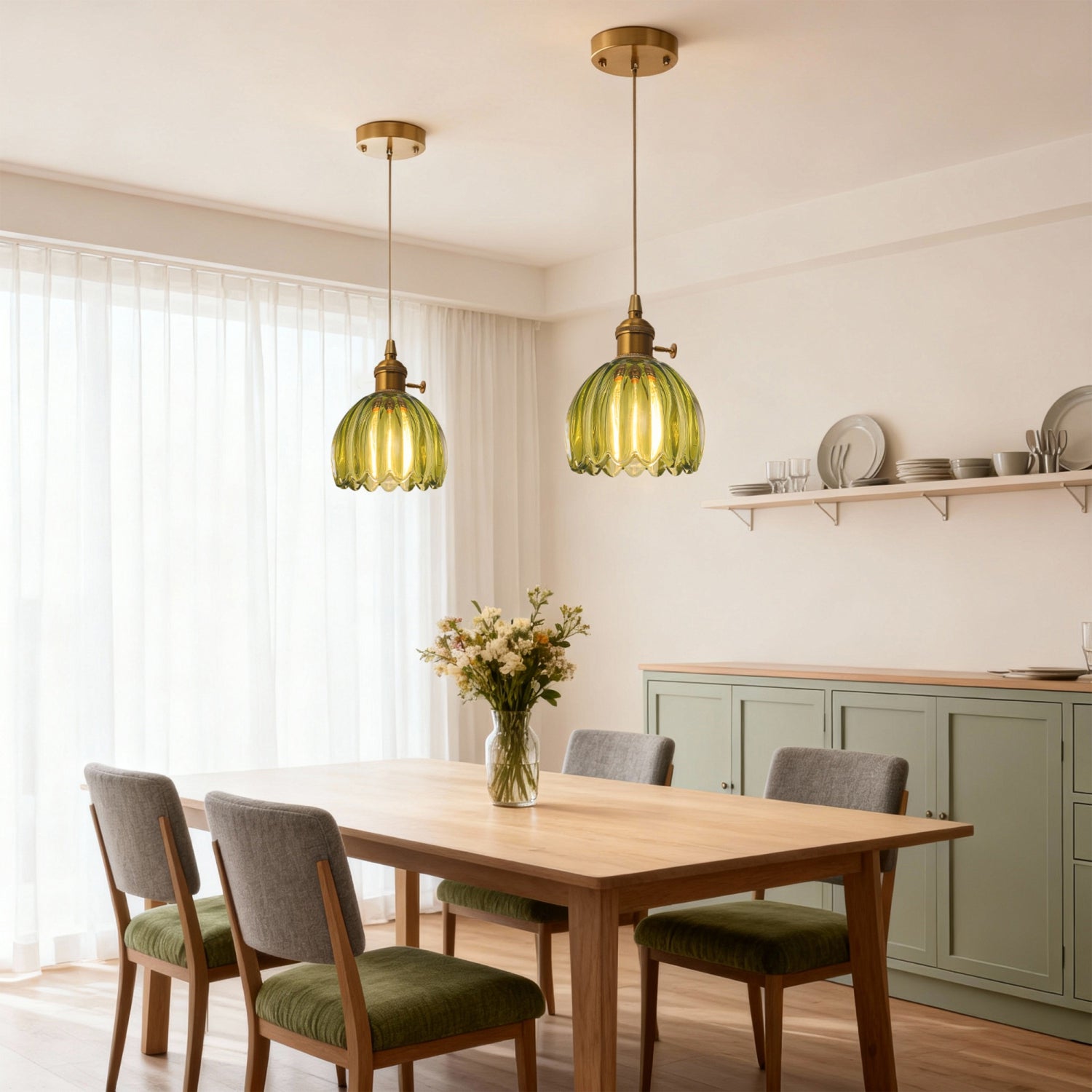 Jandcase 5.12  in. Gold Pendant Light w/ Green Glass Flower Shade E26 Hanging Light Fixture for Kitchen Island Dining Room 2-Pack