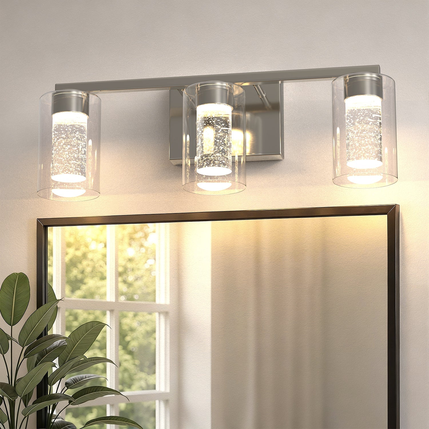 Jandcase 3-Light Nickel LED Vanity Light Fixture with Clear Glass Shade and LED Crystal Bulbs 3000-6000K, Dimmable Color