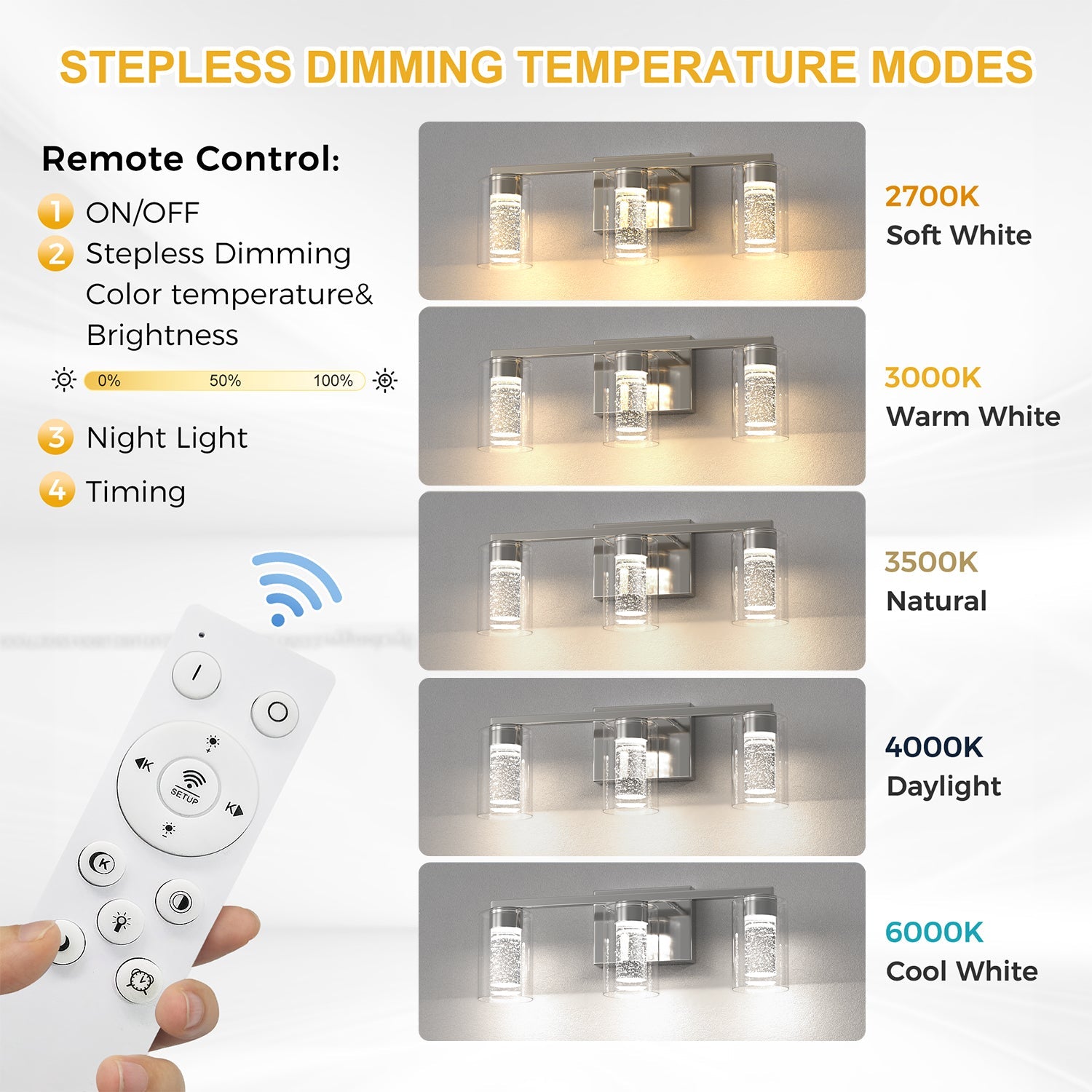 Jandcase 3-Light Nickel LED Vanity Light Fixture with Clear Glass Shade and LED Crystal Bulbs 3000-6000K, Dimmable Color